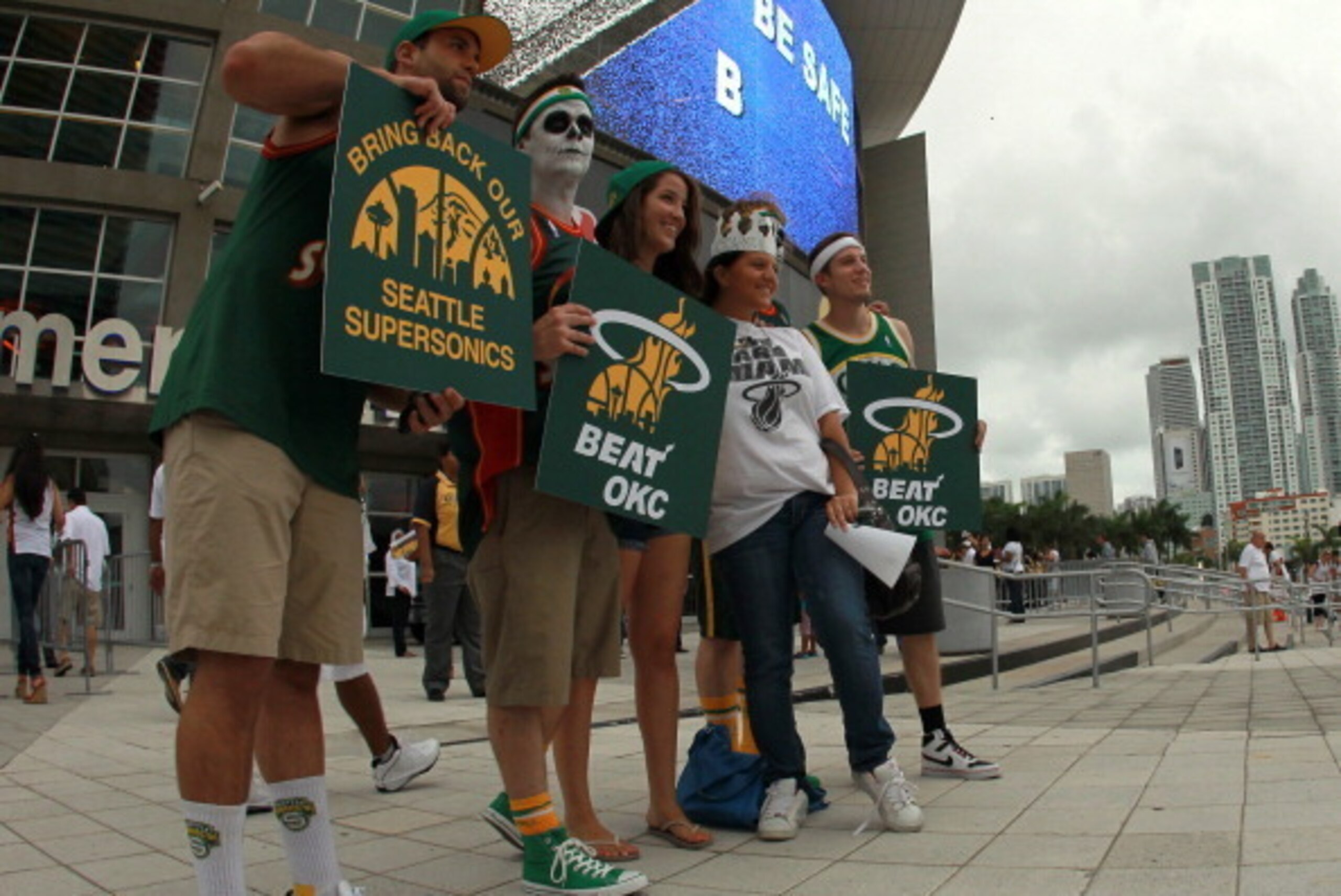 MIAMI, FL - JUNE 19:  Fans of the former NBA franchise Seattle SuperSonics which moved and became the Oklahoma City Thunder shows support for the Miami Heat to beat the Thunder in Game Four of the 2012 NBA Finals on June 19, 2012 at American Airlines Aren