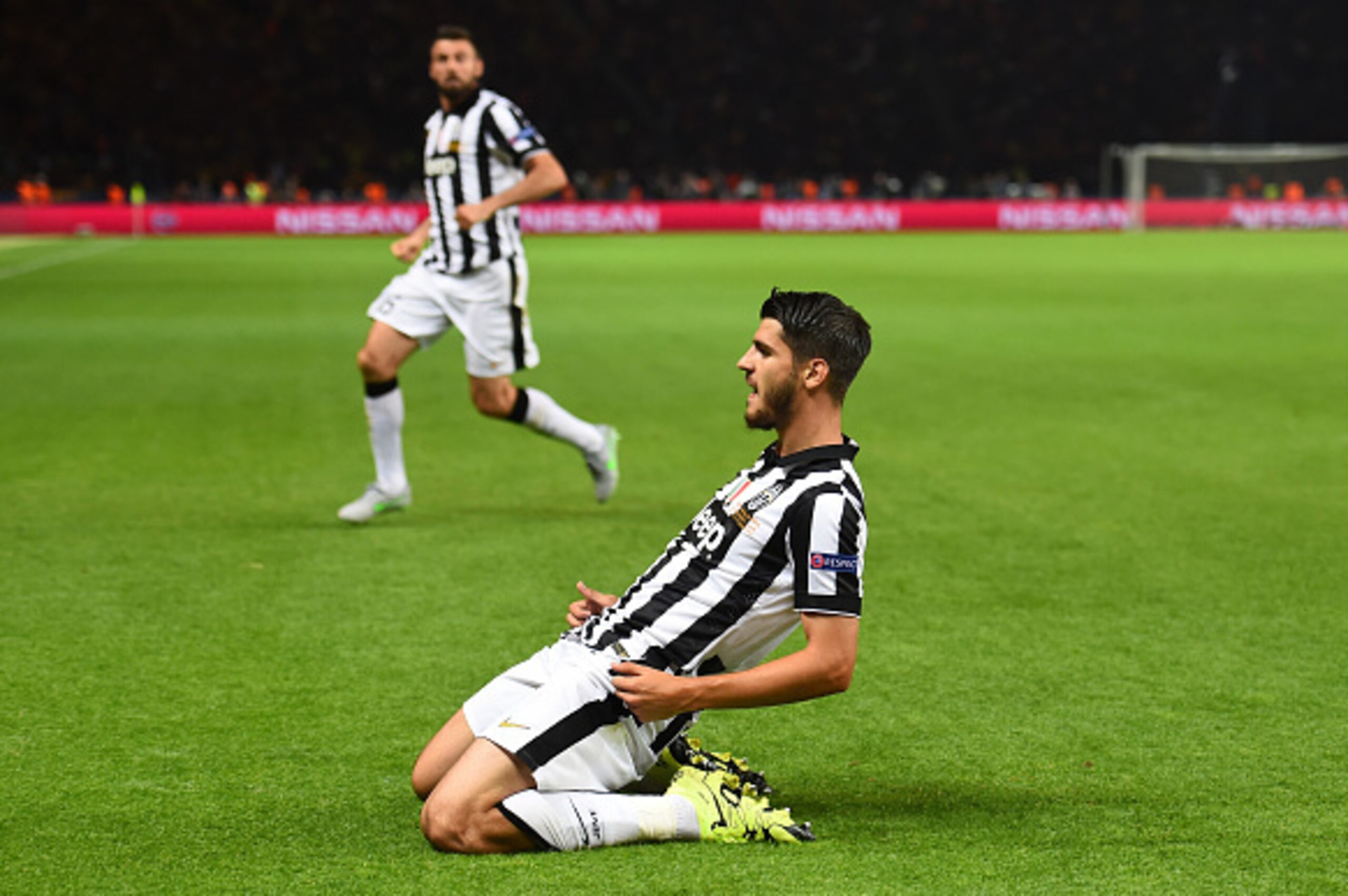BERLIN, GERMANY - JUNE 06:  Alvaro Morata of Juventus celebrates scoring his team's first goal during the UEFA Champions League Final between Juventus and FC Barcelona at Olympiastadion on June 6, 2015 in Berlin, Germany.  (Photo by Laurence Griffiths/Get