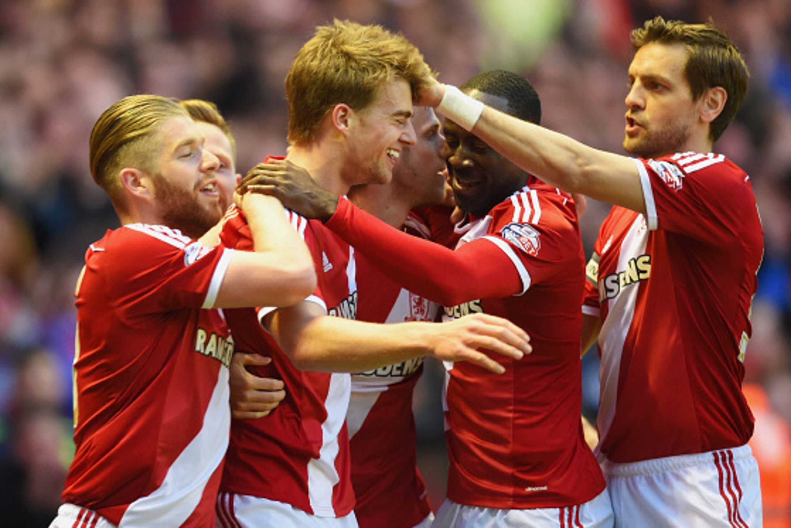 MIDDLESBROUGH, ENGLAND - APRIL 14:  Patrick Bamford of Middlesbrough (3L) celebrates with team mates as he scores their second goal during the Sky Bet Championship match between Middlesbrough and Wolverhampton Wanderers at Riverside Stadium on April 14, 2