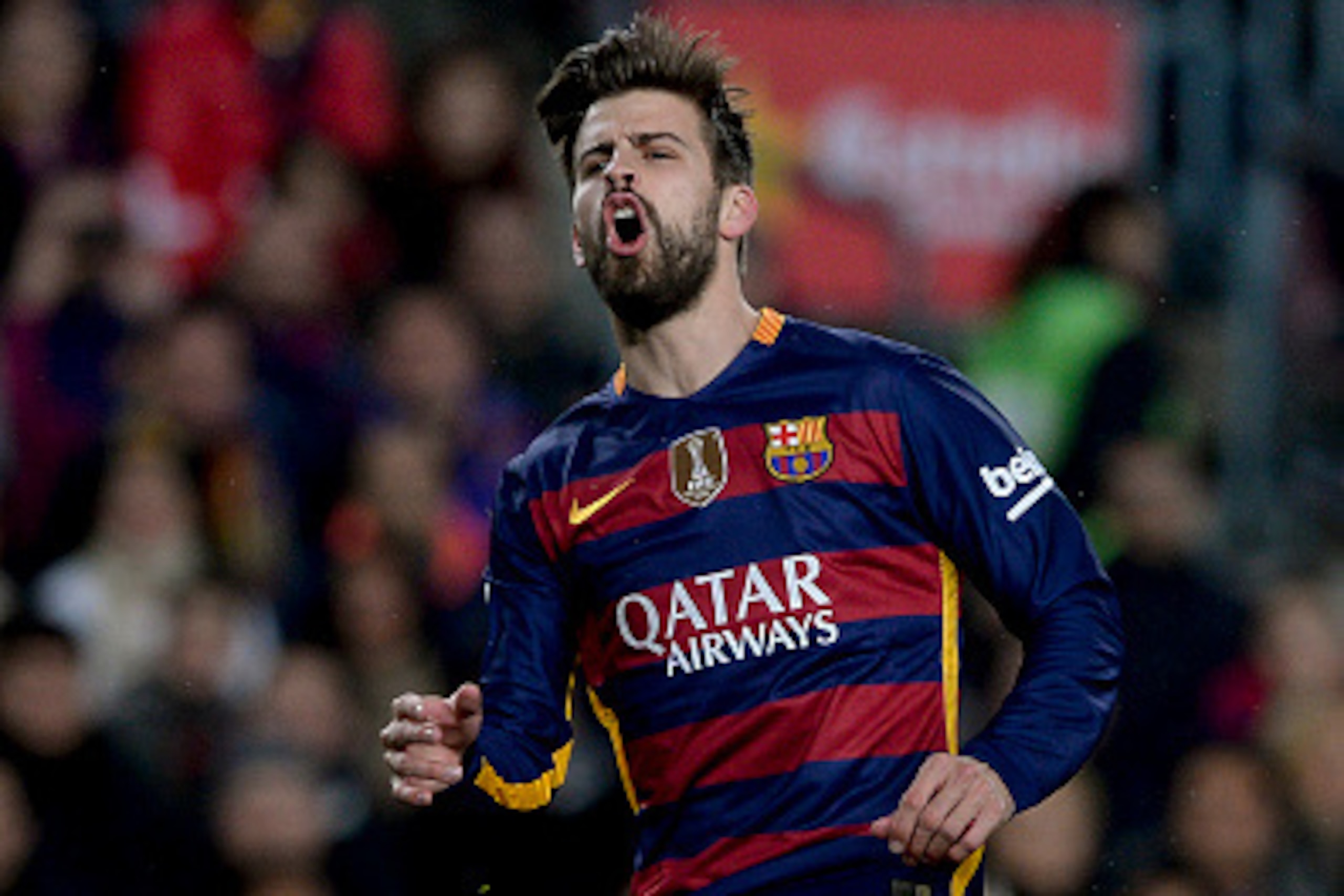 Barcelona's defender Gerard Pique gestures during the Spanish league football match FC Barcelona vs Athletic Club Bilbao at the Camp Nou stadium in Barcelona on January 17, 2016.   AFP PHOTO/ JOSEP LAGO / AFP / JOSEP LAGO        (Photo credit should read 