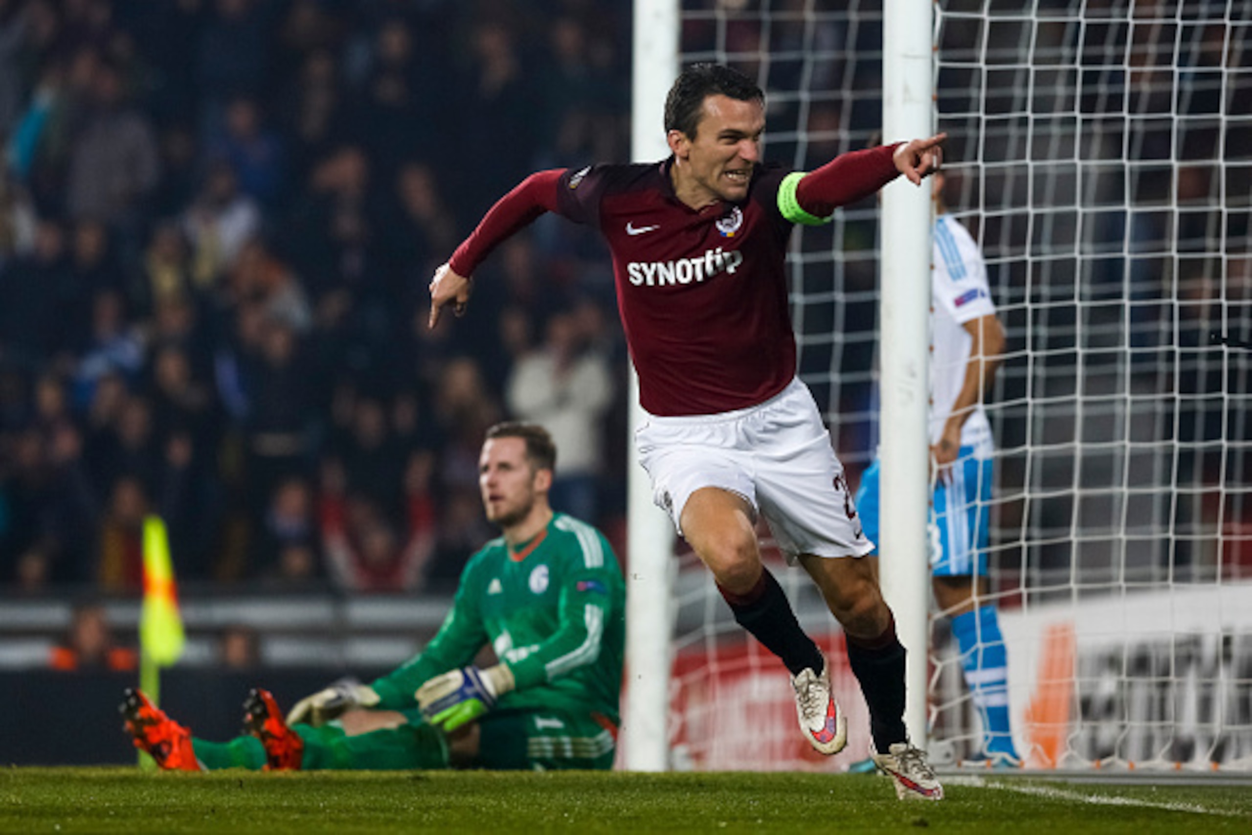 PRAGUE, CZECH REPUBLIC - NOVEMBER 05:  David Lafata of Sparta Praha celebrates his goal during the UEFA Europa League Group K match between AC Sparta Praha and FC Schalke 04 at Generali Arena on November 5, 2015 in Prague, Czech Republic.  (Photo by Matej