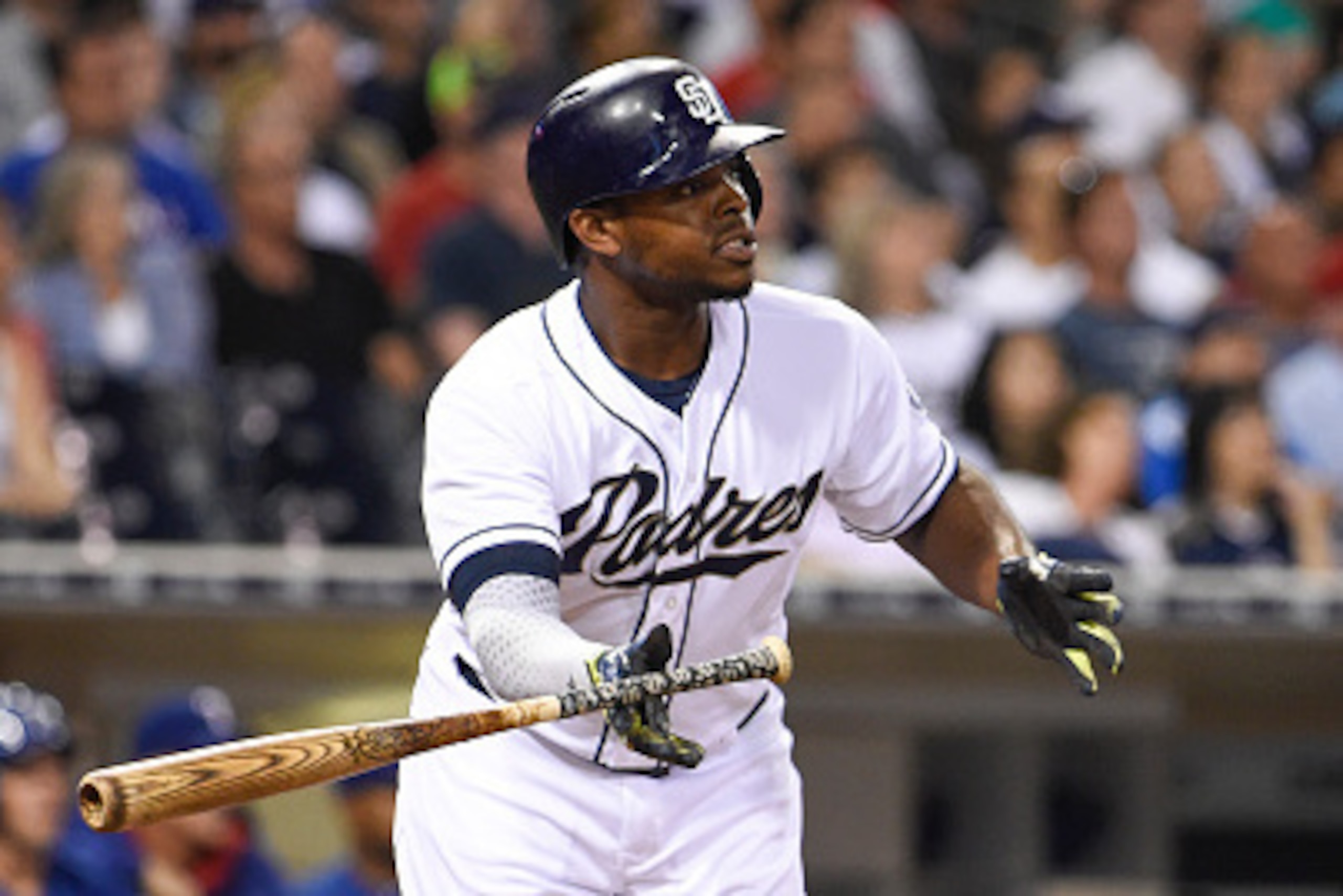 SAN DIEGO, CA - AUGUST 31:  Justin Upton #10 of the San Diego Padres plays during a baseball game against the Texas Rangers at Petco Park August, 31, 2015 in San Diego, California.  (Photo by Denis Poroy/Getty Images)