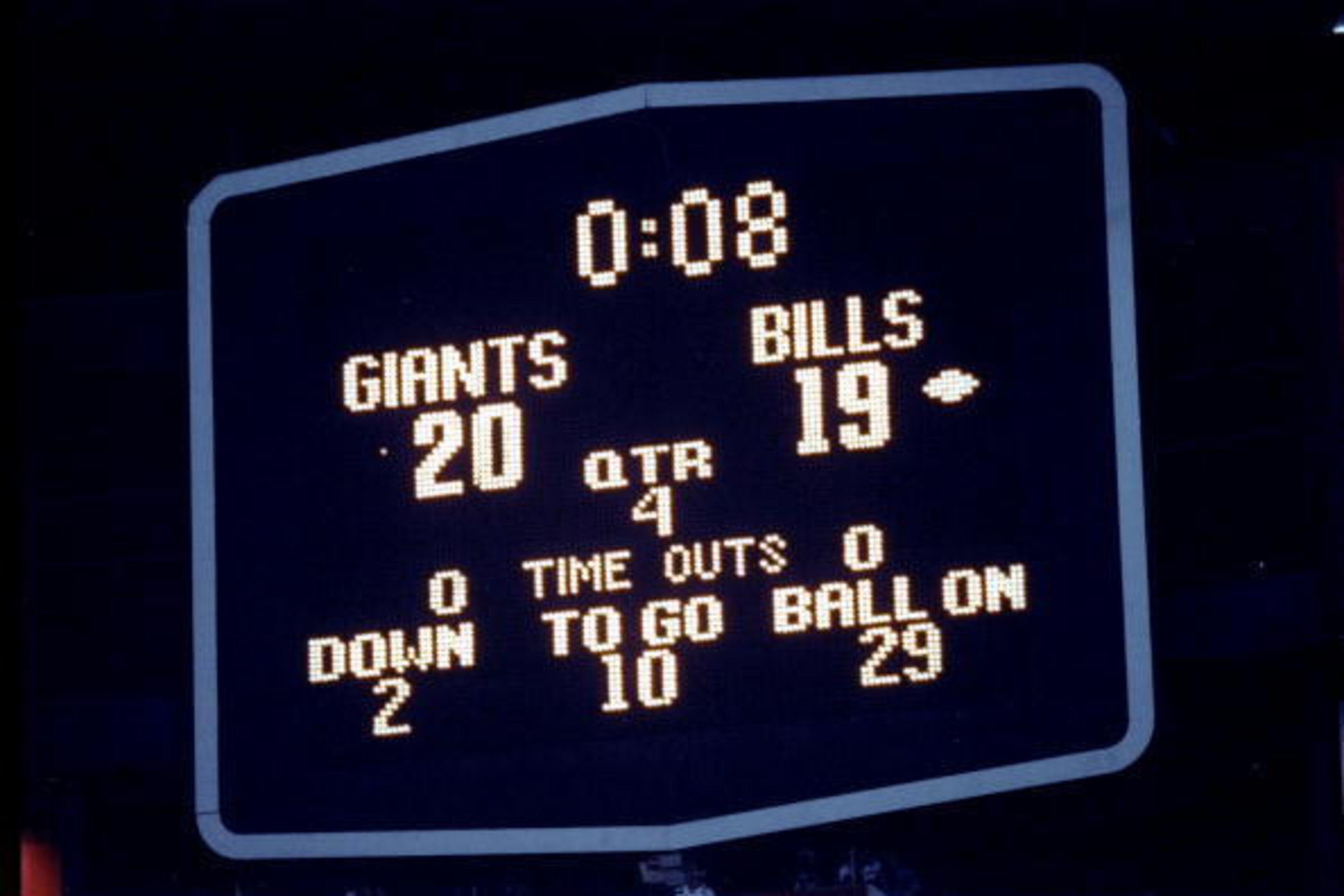 27 Jan 1991:  General view of the scoreboard at Super Bowl XXV between the Buffalo Bills and the New York Giants at Tampa Stadium in Tampa, Florida.  The Giants won the game, 20-19. Mandatory Credit: Rick Stewart  /Allsport