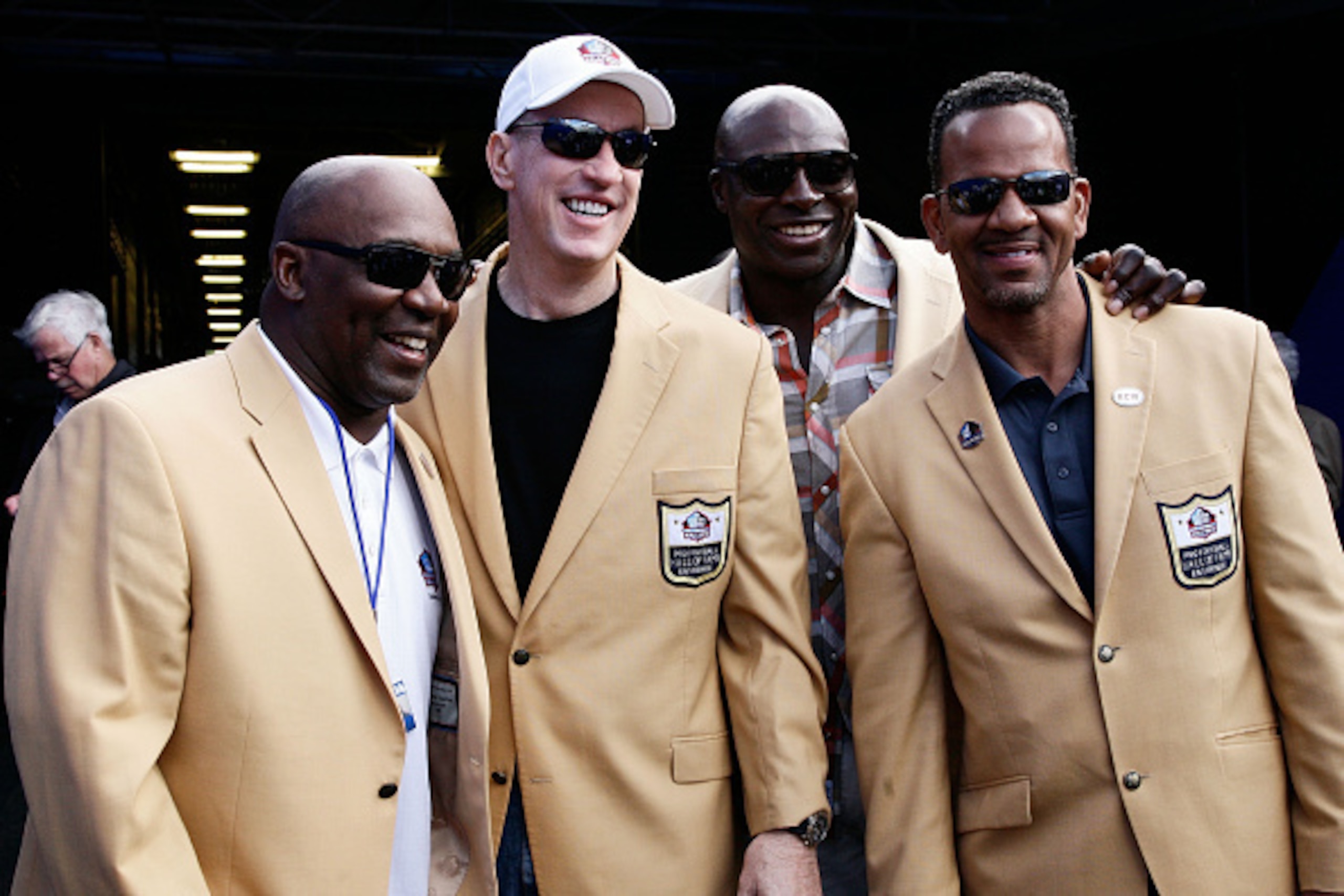 ORCHARD PARK, NY - SEPTEMBER 21:  Former Buffalo Bills and NFL Hall of Fame members (L-R) Thurman Thomas, Jim Kelly, Bruce Smith and Andre Reed wait to take the field at halftime for a Buffalo Bills induction ceremony for Andre Reed at Ralph Wilson Stadiu