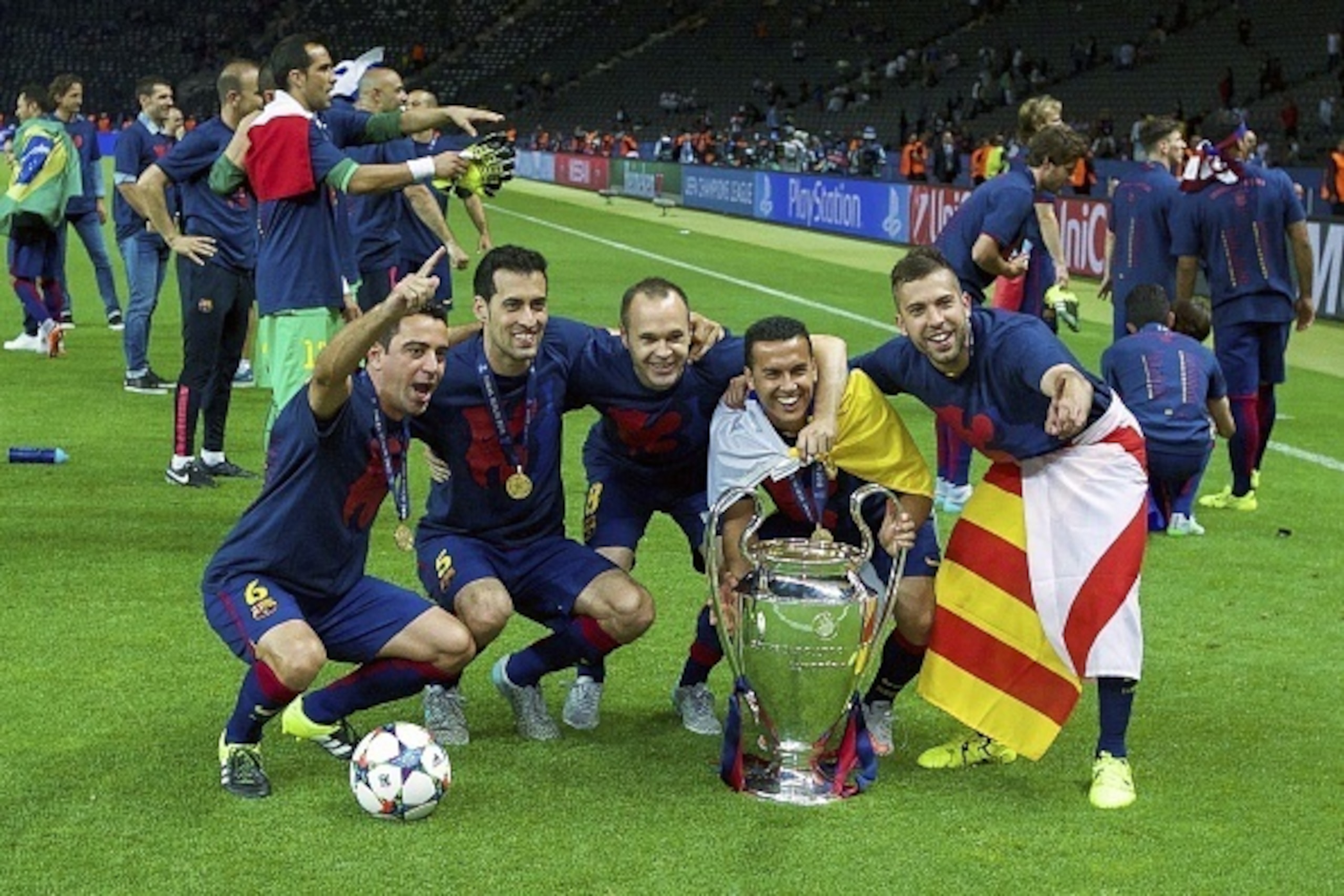 (L-R) Xavi Hernandez of FC Barcelona, Sergio Busquets of FC Barcelona, Andres Iniesta of FC Barcelona, Pedro Rodriguez of FC Barcelona, Jordi Alba of FC Barcelona with Champions League trophy during the UEFA Champions League  final match between Barcelona