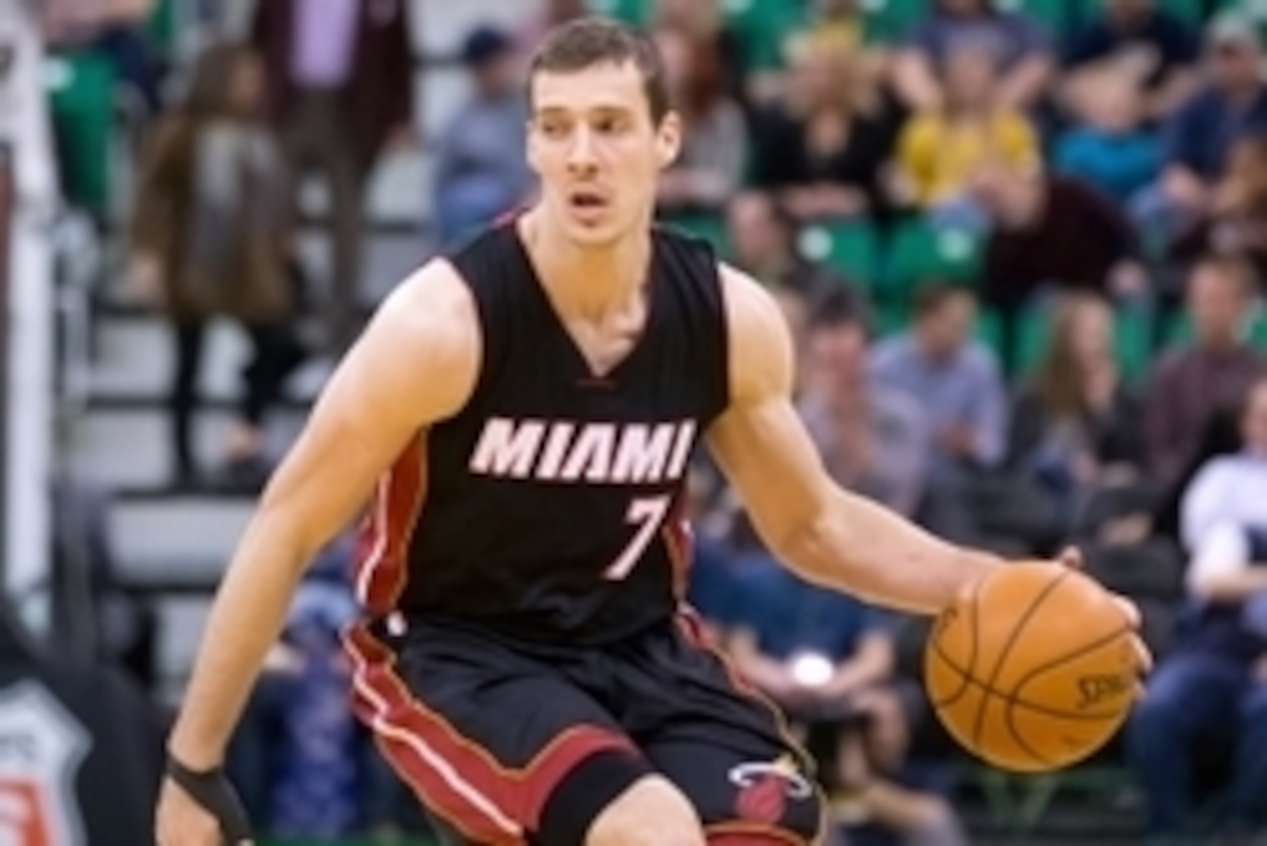 Jan 9, 2016; Salt Lake City, UT, USA; Miami Heat guard Goran Dragic (7) dribbles the ball during the first quarter against the Utah Jazz at Vivint Smart Home Arena. Mandatory Credit: Russ Isabella-USA TODAY Sports