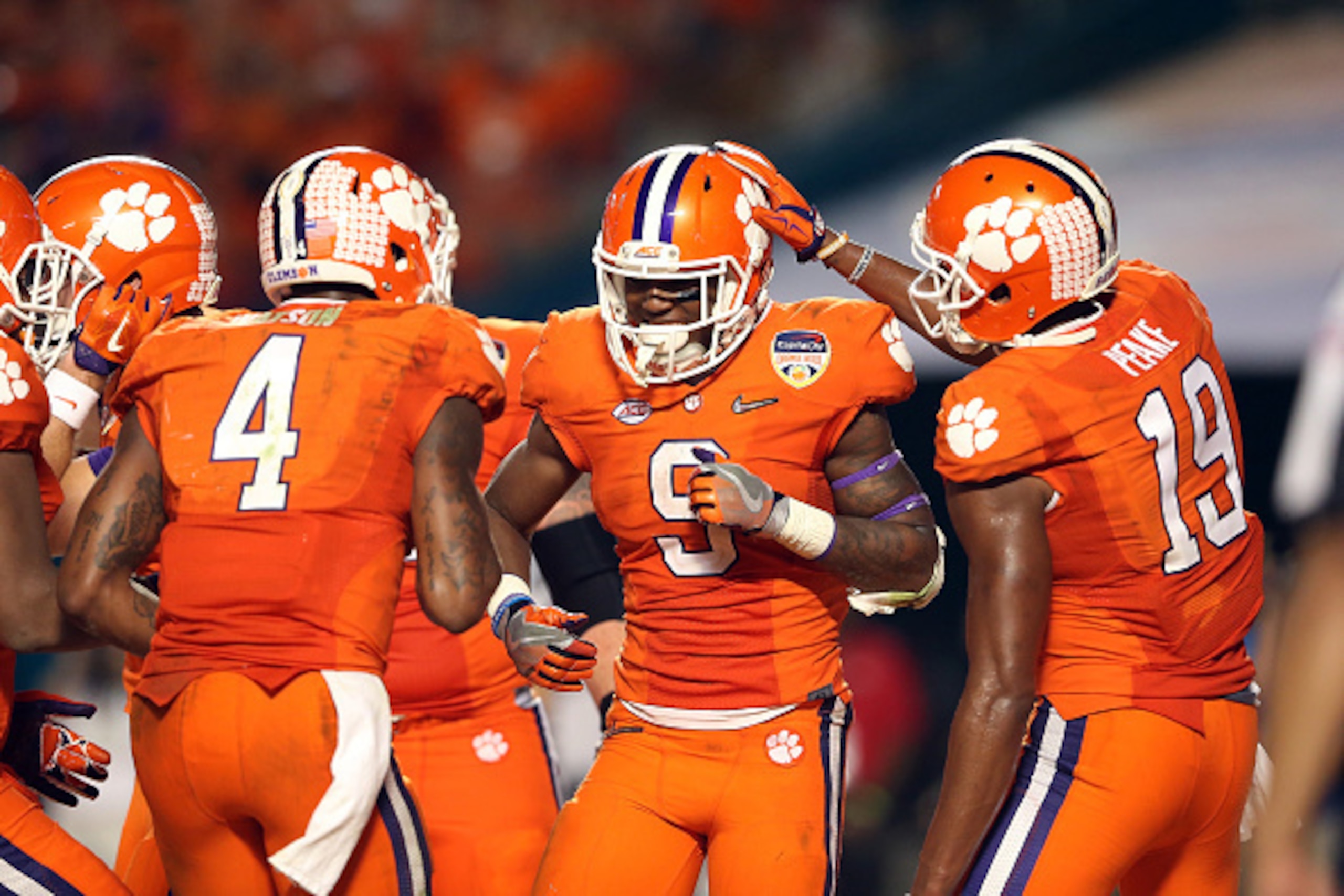 MIAMI GARDENS, FL - DECEMBER 31:  Wayne Gallman #9 of the Clemson Tigers celebrates with teammates after scoring a touchdown in the fourth quarter against the Oklahoma Sooners during the 2015 Capital One Orange Bowl at Sun Life Stadium on December 31, 201