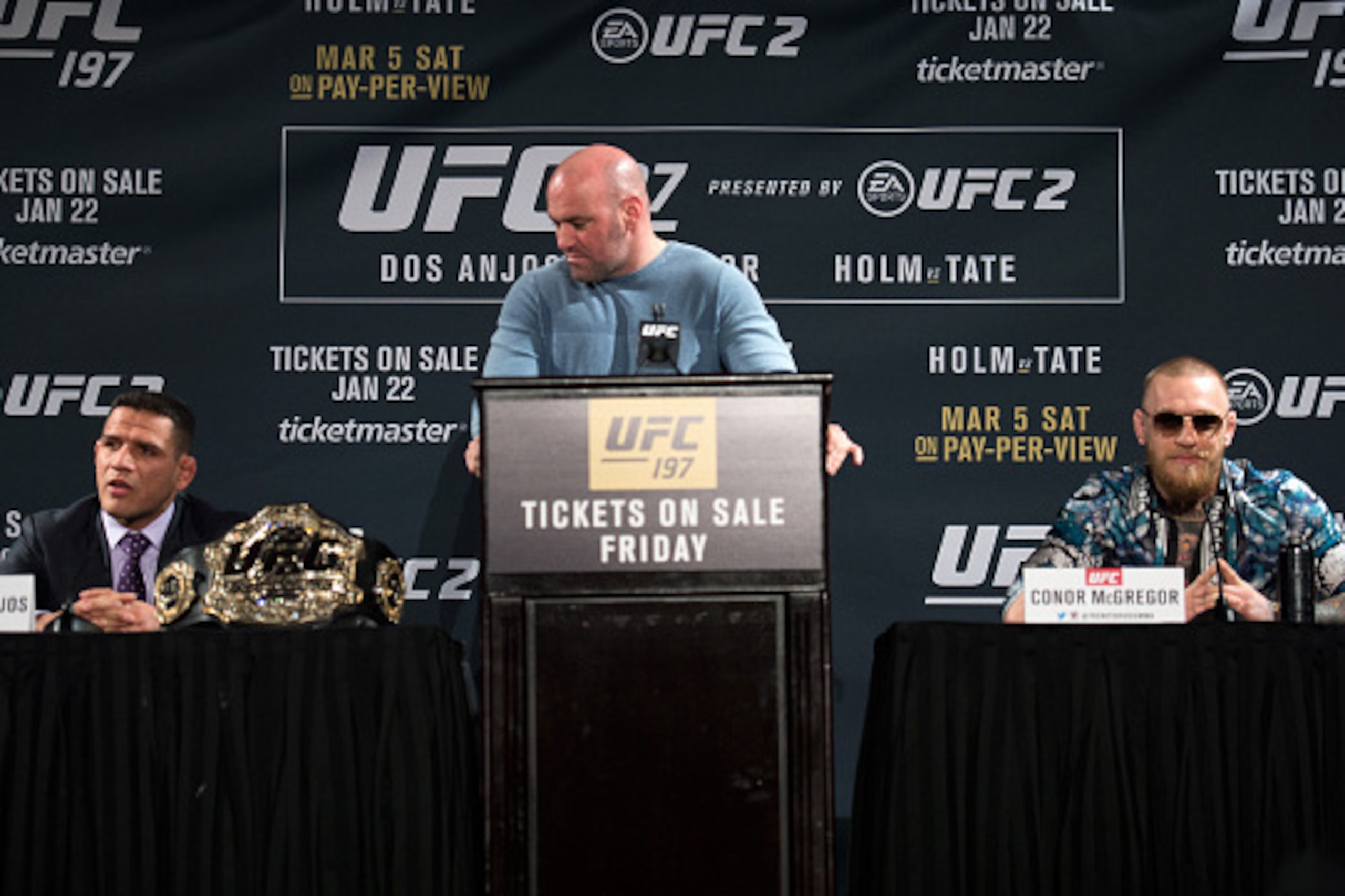 LAS VEGAS, NV - JANUARY 20: (R-L) UFC featherweight champion Conor McGregor and UFC lightweight champion Rafael dos Anjos speaks to the media during the UFC 197 on-sale press conference event inside MGM Grand Hotel & Casino on January 20, 2016 in Las Veg LAS VEGAS, NV - JANUARY 20: (R-L) UFC featherweight champion Conor McGregor and UFC lightweight champion Rafael dos Anjos speaks to the media during the UFC 197 on-sale press conference event inside MGM Grand Hotel & Casino on January 20, 2016 in Las Veg