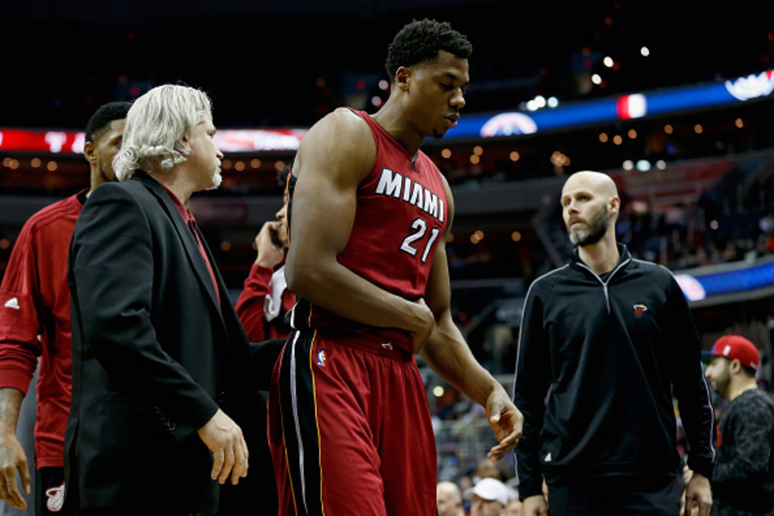 WASHINGTON, DC - JANUARY 20: Hassan Whiteside #21 of the Miami Heat walks off the floor after coming out of the game against the Washington Wizards in the first half at Verizon Center on January 20, 2016 in Washington, DC. NOTE TO USER: User expressly ack