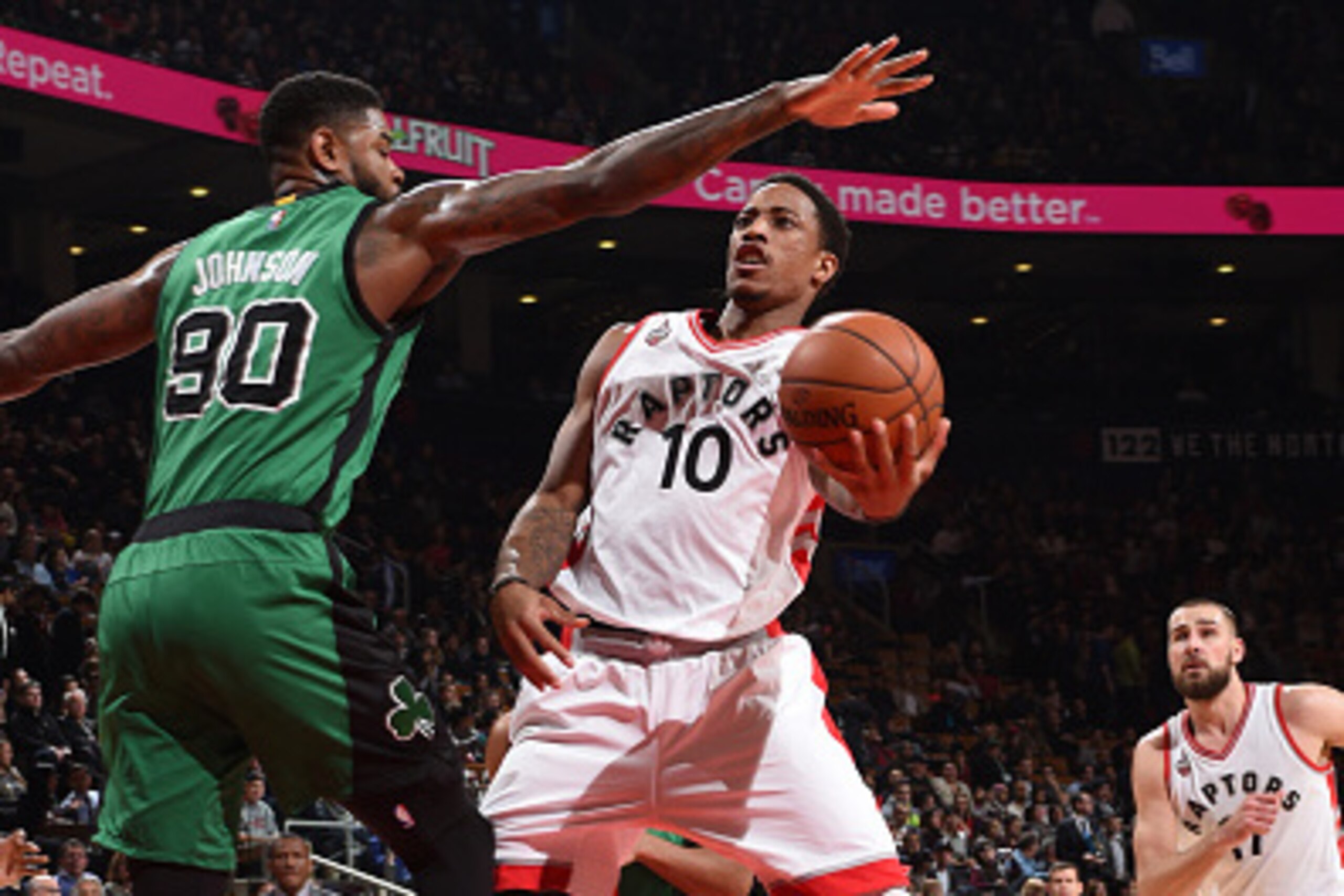 TORONTO, CANADA - JANUARY 20:  DeMar DeRozan #10 of the Toronto Raptors shoots the ball against the Boston Celticson January 20, 2016 at the Air Canada Centre in Toronto, Ontario, Canada.  NOTE TO USER: User expressly acknowledges and agrees that, by down