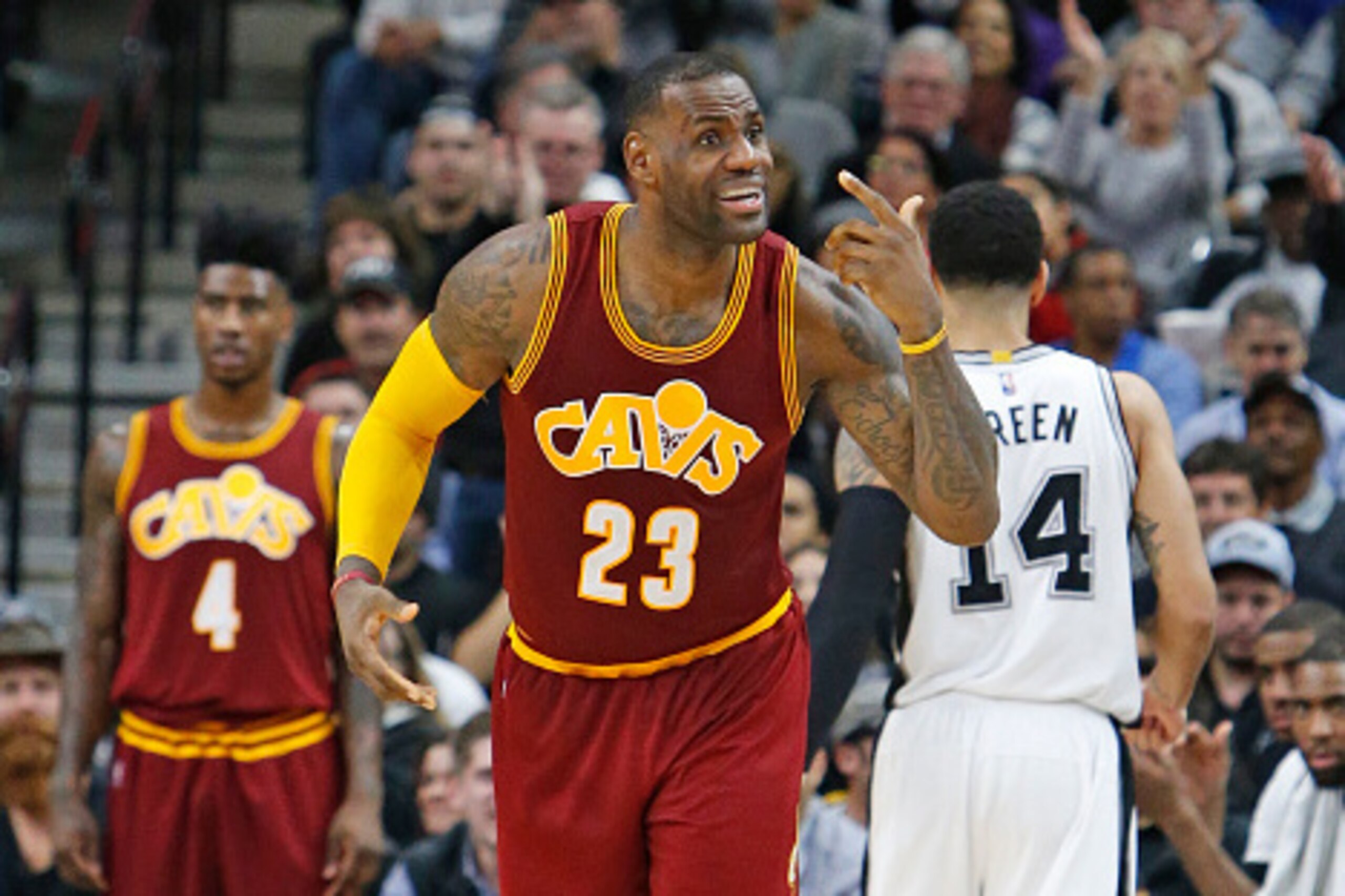 SAN ANTONIO,TX - JANUARY 14: LeBron James #23 of the Cleveland Cavaliers tries to get a signal straight during their game with the San Antonio Spurs at AT&T Center on January 14, 2016 in San Antonio, Texas. NOTE TO USER: User expressly acknowledges and SAN ANTONIO,TX - JANUARY 14: LeBron James #23 of the Cleveland Cavaliers tries to get a signal straight during their game with the San Antonio Spurs at AT&T Center on January 14, 2016 in San Antonio, Texas. NOTE TO USER: User expressly acknowledges and