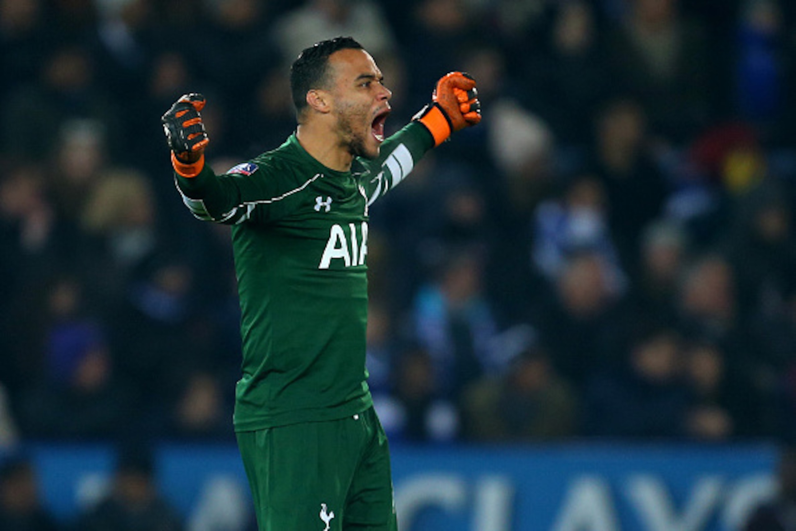 LEICESTER, ENGLAND - JANUARY 20 :  Michel Vorm of Tottenham Hotspur celebrates after Nacer Chadli of Tottenham Hotspur scores to make it 0-2 during the Emirates FA Cup match between Leicester City and Tottenham Hotspur at King Power Stadium on January 20,