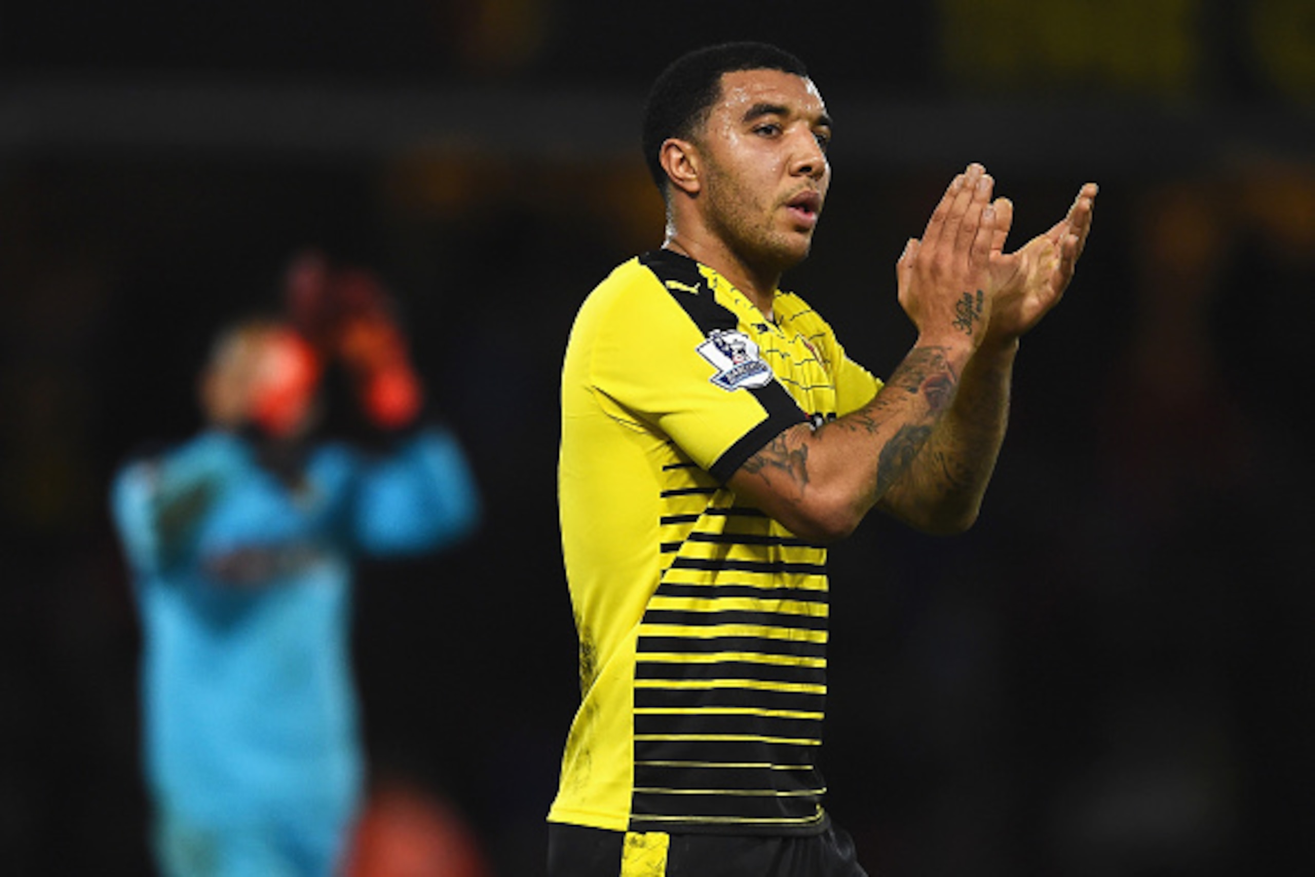 WATFORD, ENGLAND - DECEMBER 28: Troy Deeney of Watford applauds supporters after his team's 1-2 defeat in the Barclays Premier League match between Watford and Tottenham Hotspur at Vicarage Road on December 28, 2015 in Watford, England.  (Photo by Laurenc