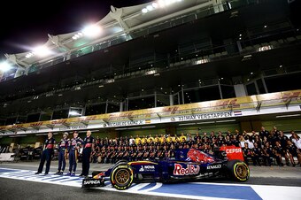 ABU DHABI, UNITED ARAB EMIRATES - NOVEMBER 26:  (L-R) Scuderia Toro Rosso Technical Director James Key, Carlos Sainz of Spain and Scuderia Toro Rosso, Max Verstappen of Netherlands and Scuderia Toro Rosso and Scuderia Toro Rosso Team Principal Franz Tost 