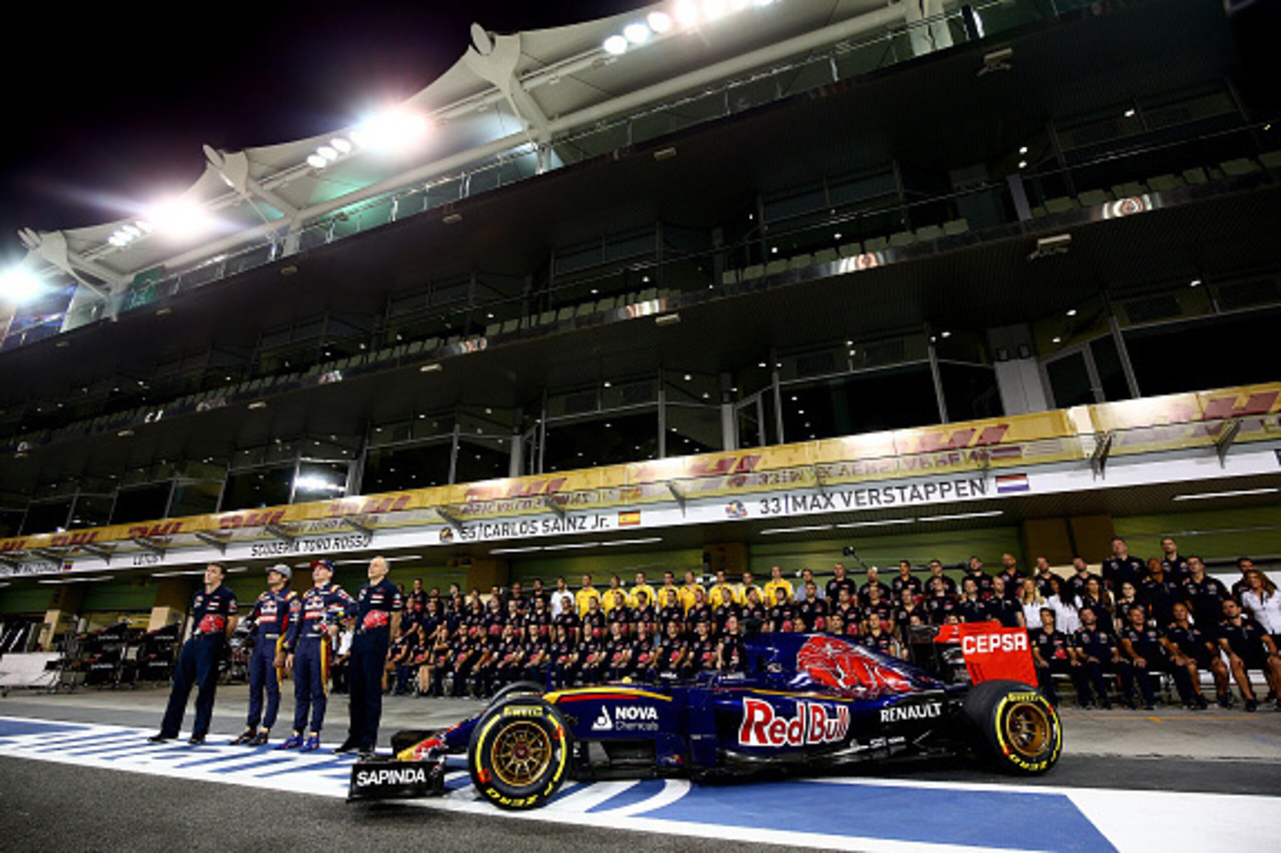 ABU DHABI, UNITED ARAB EMIRATES - NOVEMBER 26:  (L-R) Scuderia Toro Rosso Technical Director James Key, Carlos Sainz of Spain and Scuderia Toro Rosso, Max Verstappen of Netherlands and Scuderia Toro Rosso and Scuderia Toro Rosso Team Principal Franz Tost 
