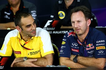 KUALA LUMPUR, MALAYSIA - MARCH 27:  Infiniti Red Bull Racing Team Principal Christian Horner and Renault's Cyril Abiteboul attend a press conference following practice for the Malaysia Formula One Grand Prix at Sepang Circuit on March 27, 2015 in Kuala Lu