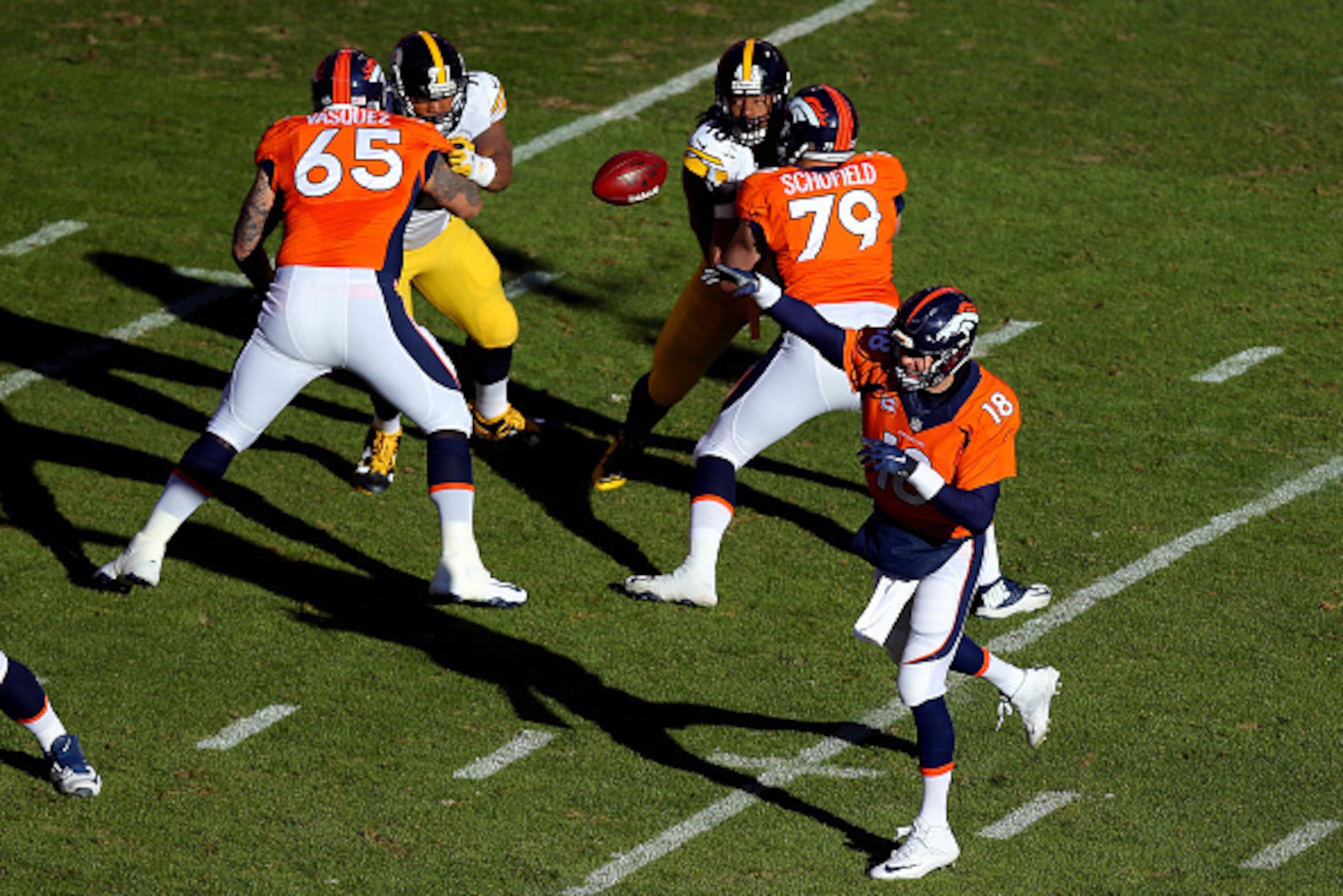 DENVER, CO - JANUARY 17:  Peyton Manning #18 of the Denver Broncos passes against the Pittsburgh Steelers in the first quarter during the AFC Divisional Playoff Game at Sports Authority Field at Mile High on January 17, 2016 in Denver, Colorado.  (Photo b