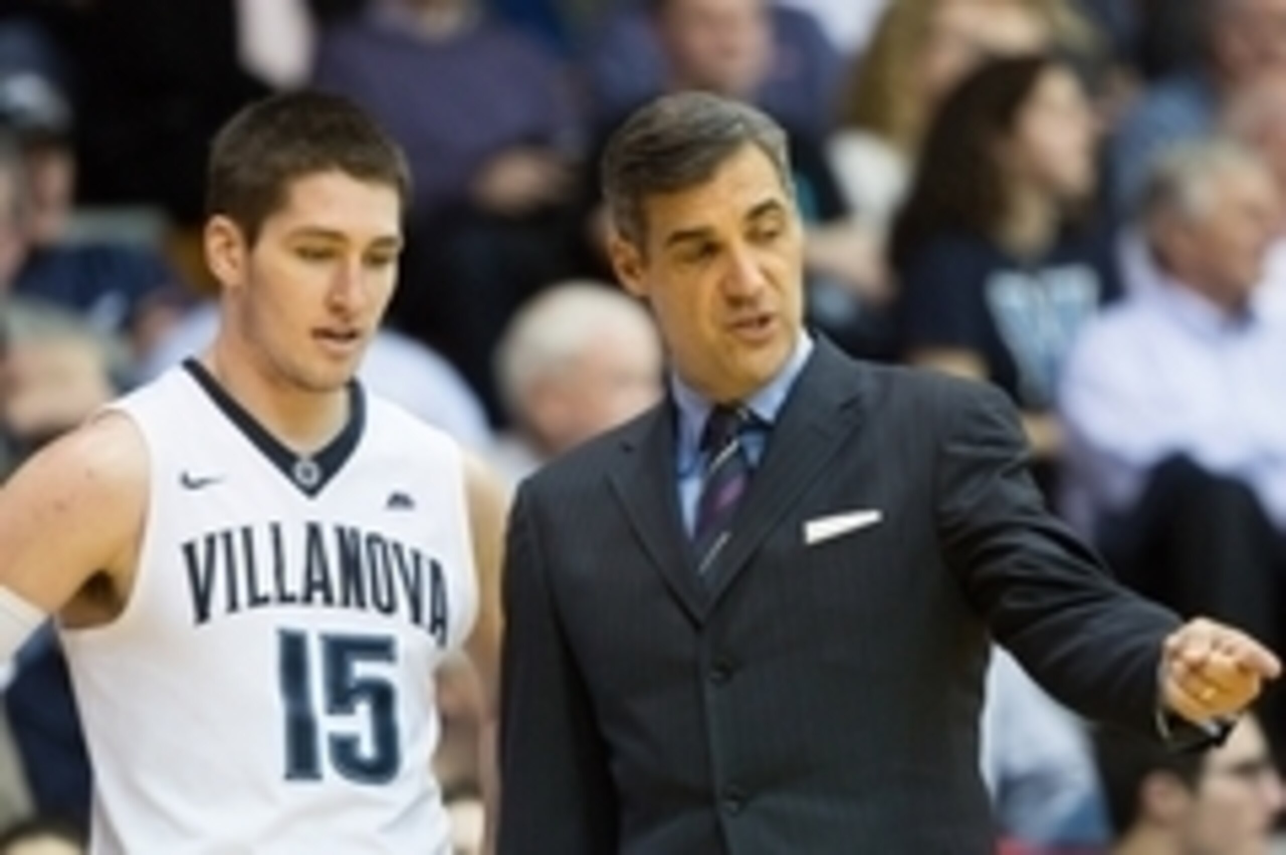 Dec 28, 2015; Villanova, PA, USA; Villanova Wildcats head coach Jay Wright talks with guard Ryan Arcidiacono (15) during the second half against the Pennsylvania Quakers at The Pavilion. Villanova won 77-57. Mandatory Credit: Bill Streicher-USA TODAY Spor