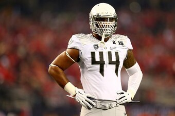 ARLINGTON, TX - JANUARY 12:  Defensive lineman DeForest Buckner #44 of the Oregon Ducks looks on in the first half during the College Football Playoff National Championship Game at AT&T Stadium on January 12, 2015 in Arlington, Texas.  (Photo by Ronald Ma