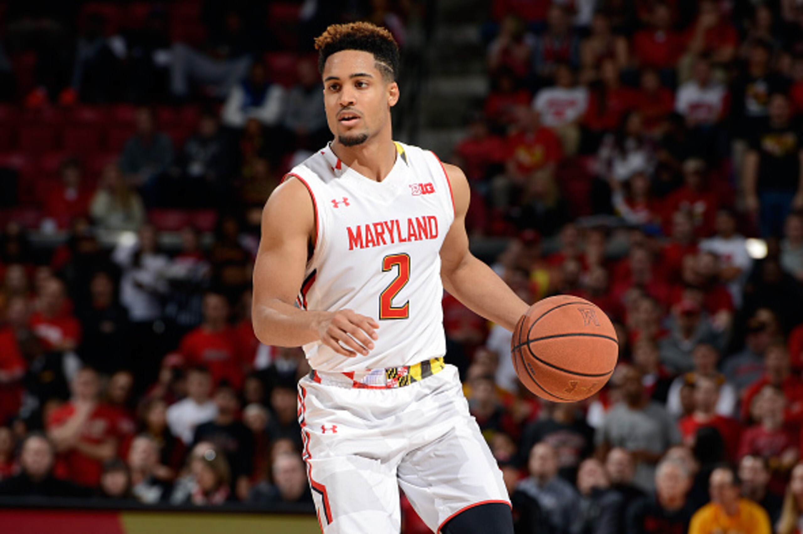 COLLEGE PARK, MD - JANUARY 16:  Melo Trimble #2 of the Maryland Terrapins handles the ball against the Ohio State Buckeyes at Xfinity Center on January 16, 2016 in College Park, Maryland.  (Photo by G Fiume/Maryland Terrapins/Getty Images)