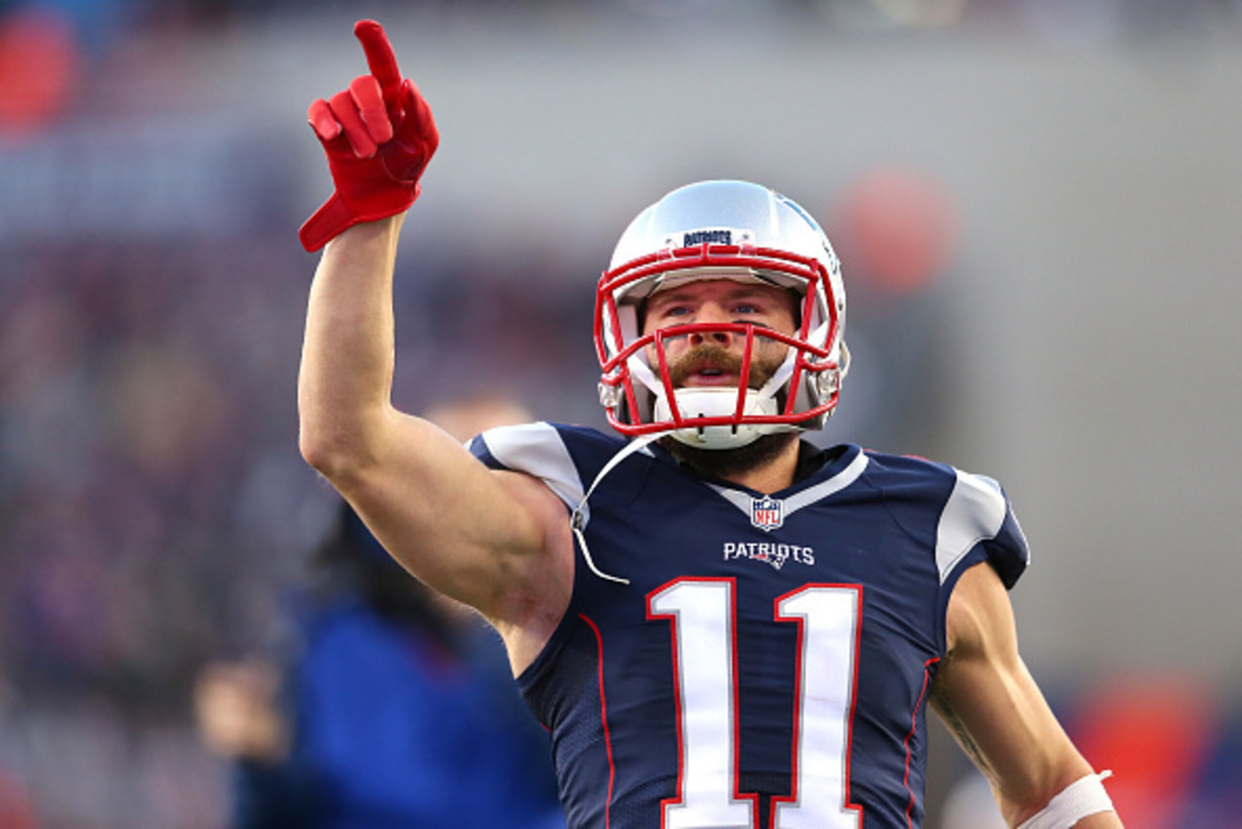 FOXBORO, MA - JANUARY 16:  Julian Edelman #11 of the New England Patriots takes the field against the Kansas City Chiefs during the AFC Divisional Playoff Game at Gillette Stadium on January 16, 2016 in Foxboro, Massachusetts.  (Photo by Jim Rogash/Getty 