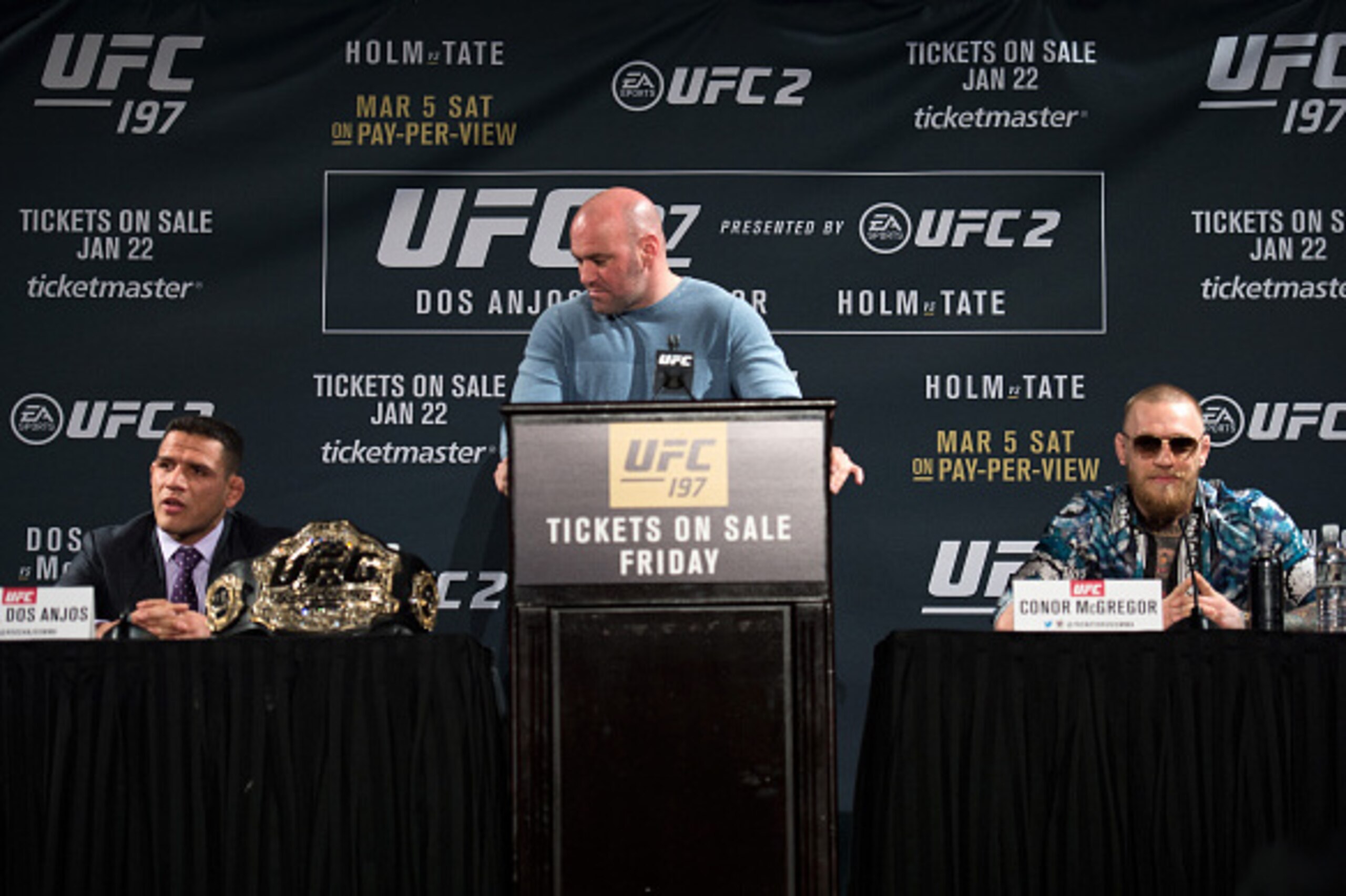 LAS VEGAS, NV - JANUARY 20:  (R-L) UFC featherweight champion Conor McGregor and UFC lightweight champion Rafael dos Anjos speaks to the media during the UFC 197 on-sale press conference event inside MGM Grand Hotel & Casino on January 20, 2016 in Las Veg