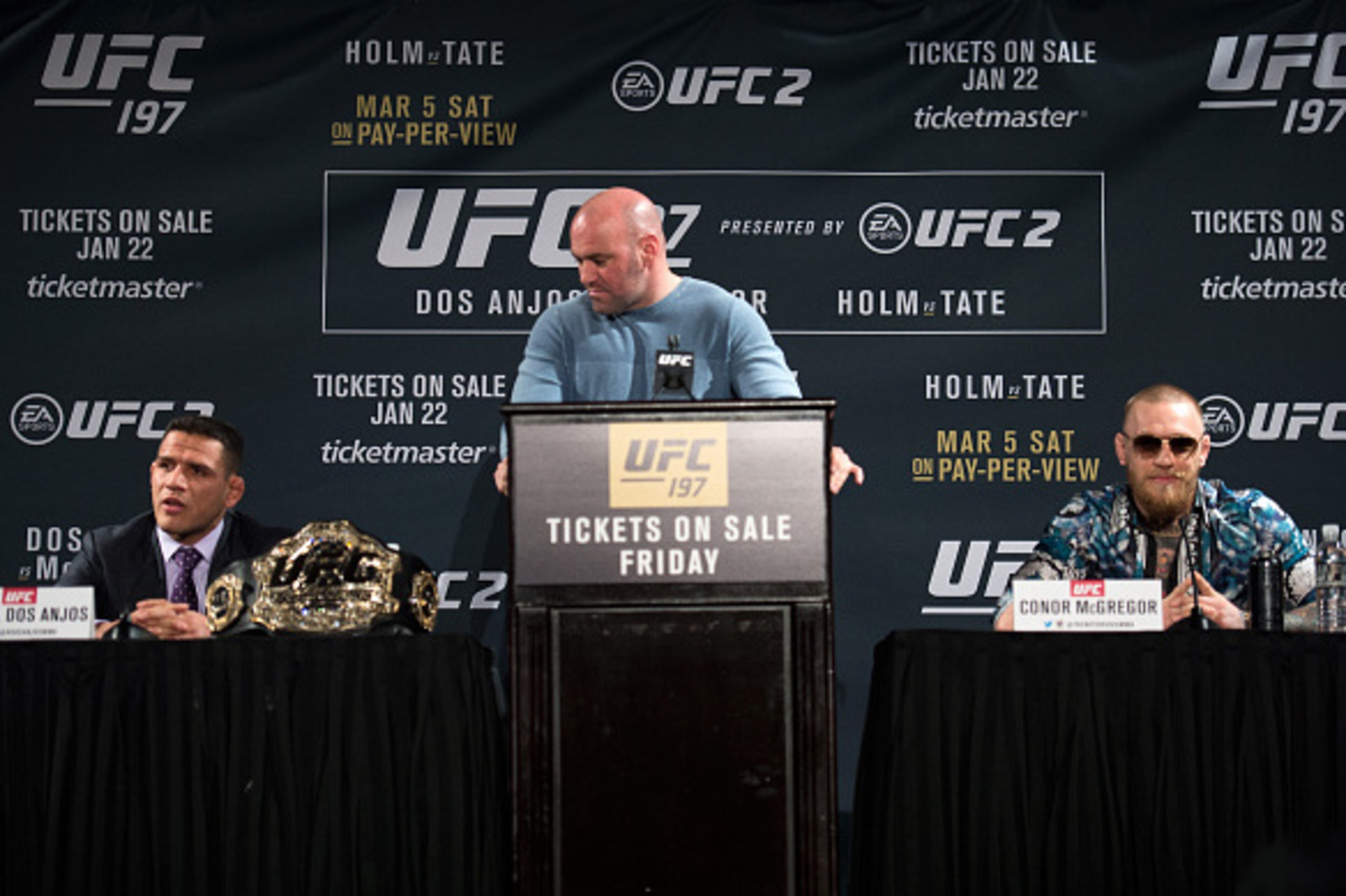LAS VEGAS, NV - JANUARY 20:  (R-L) UFC featherweight champion Conor McGregor and UFC lightweight champion Rafael dos Anjos speaks to the media during the UFC 197 on-sale press conference event inside MGM Grand Hotel & Casino on January 20, 2016 in Las Veg