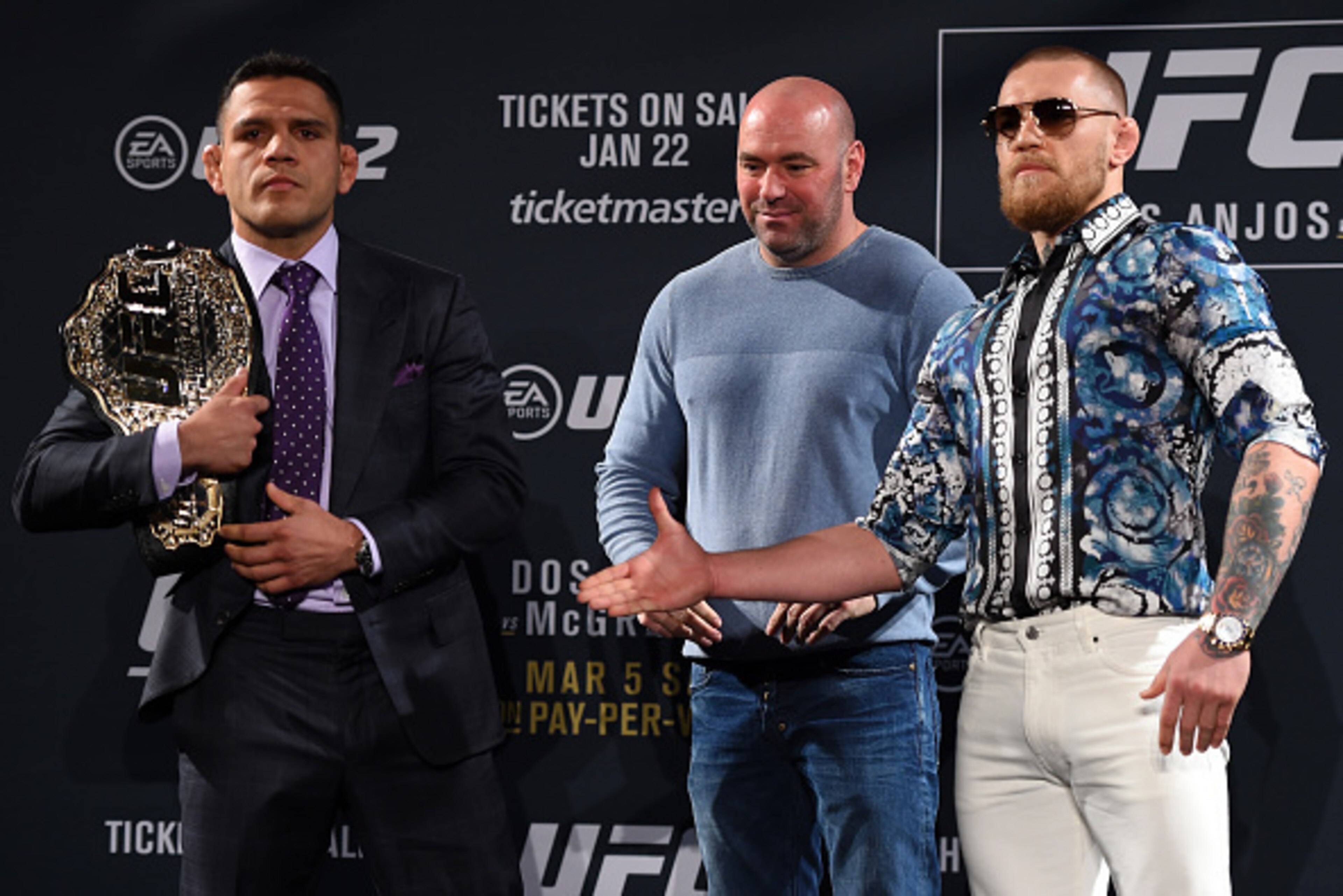 LAS VEGAS, NV - JANUARY 20:  UFC President Dana White squares off Rafael dos Anjos of Brazil (L) and Conor McGregor of Ireland (R) during the UFC 197 on-sale press conference event inside MGM Grand Hotel & Casino on January 20, 2016 in Las Vegas, Nevada. 