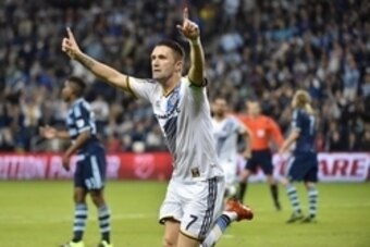 Oct 25, 2015; Kansas City, KS, USA; LA Galaxy forward Robbie Keane (7) reacts after scoring a goal against Sporting KC during the first half at Sporting Park. Mandatory Credit: Peter G. Aiken-USA TODAY Sports
