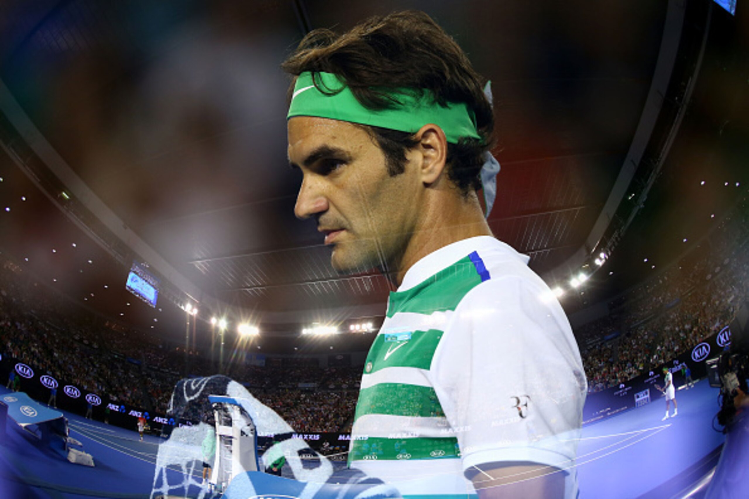 MELBOURNE, AUSTRALIA - JANUARY 22:  (EDITORS NOTE: Multiple exposures were combined in camera to produce this image.) Roger Federer of Switzerland looks on in his third round match against Grigor Dimitrov of Bulgaria during day five of the 2016 Australian