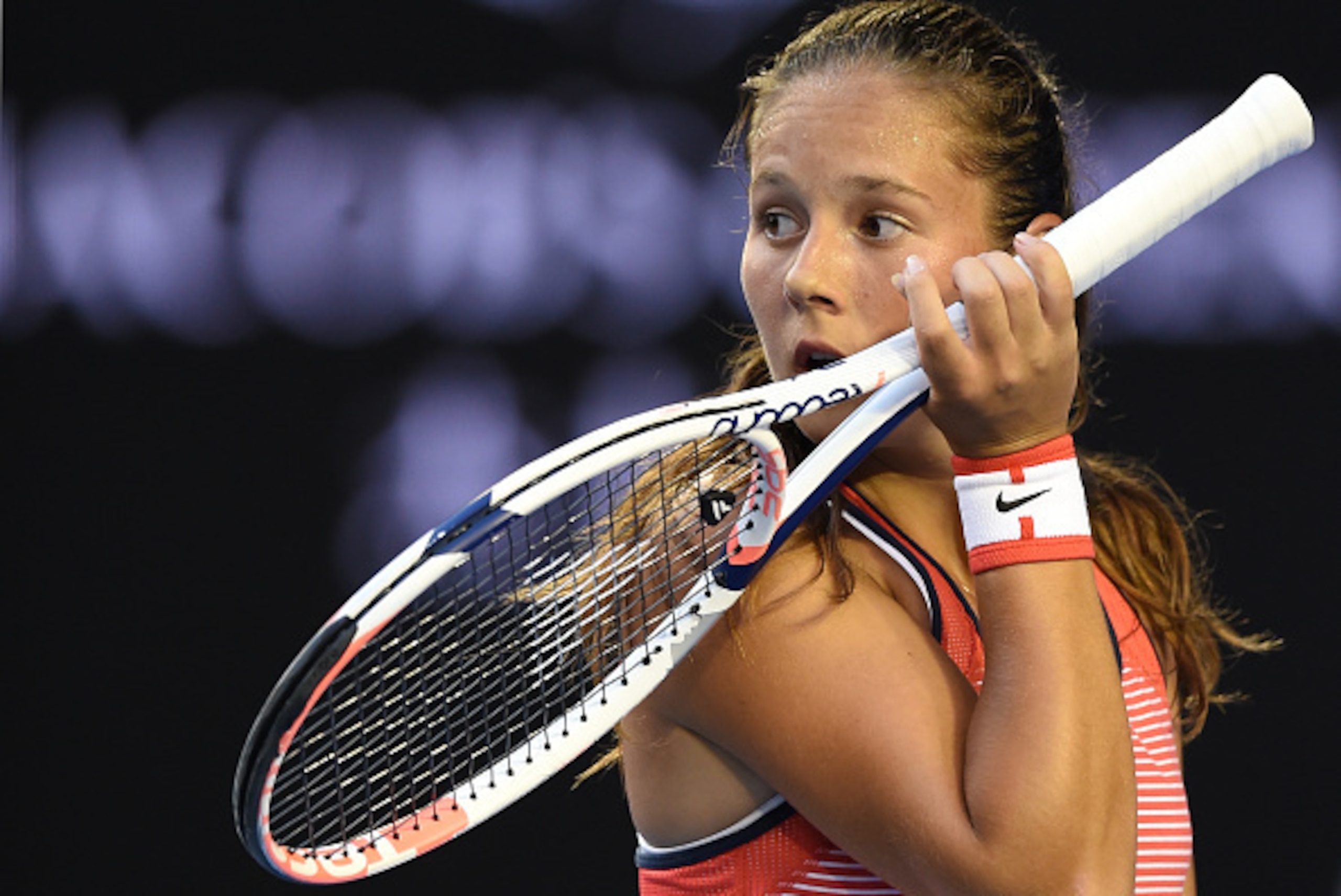 Russia's Daria Kasatkina reacts during her women's singles match against Serena Williams of the US on day five of the 2016 Australian Open tennis tournament in Melbourne on January 22, 2016. AFP PHOTO / GREG WOOD-- IMAGE RESTRICTED TO EDITORIAL USE - STRI
