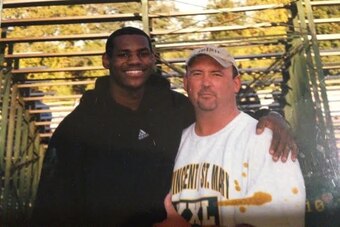 LeBron James with St. Vincent-St. Mary coach Jay Brophy.
