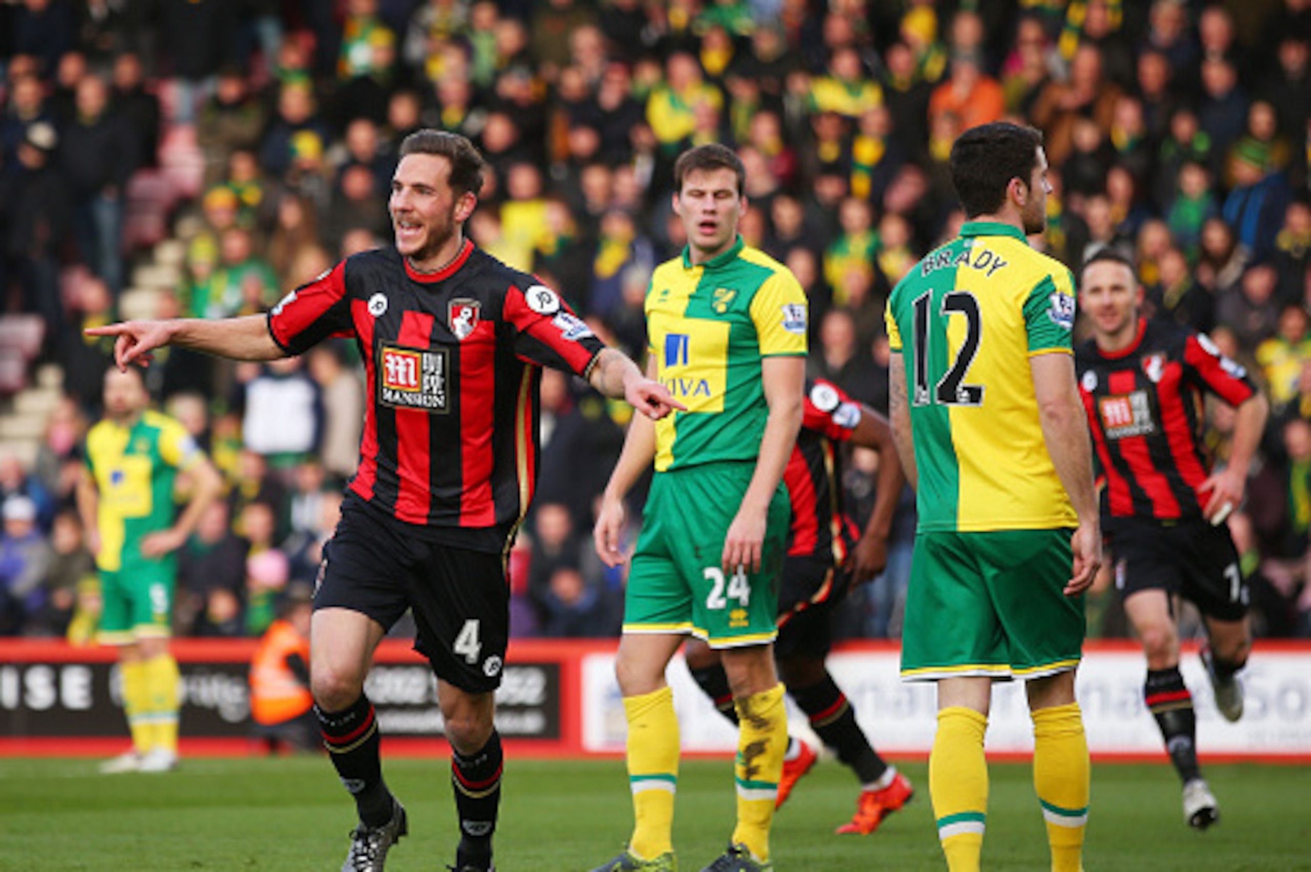 BOURNEMOUTH, ENGLAND - JANUARY 16:  Dan Gosling of Bournemouth celebrates scoring his team's first goal during the Barclays Premier League match between A.F.C. Bournemouth and Norwich City at the Vitality Stadium on January 16, 2016 in Bournemouth, Englan