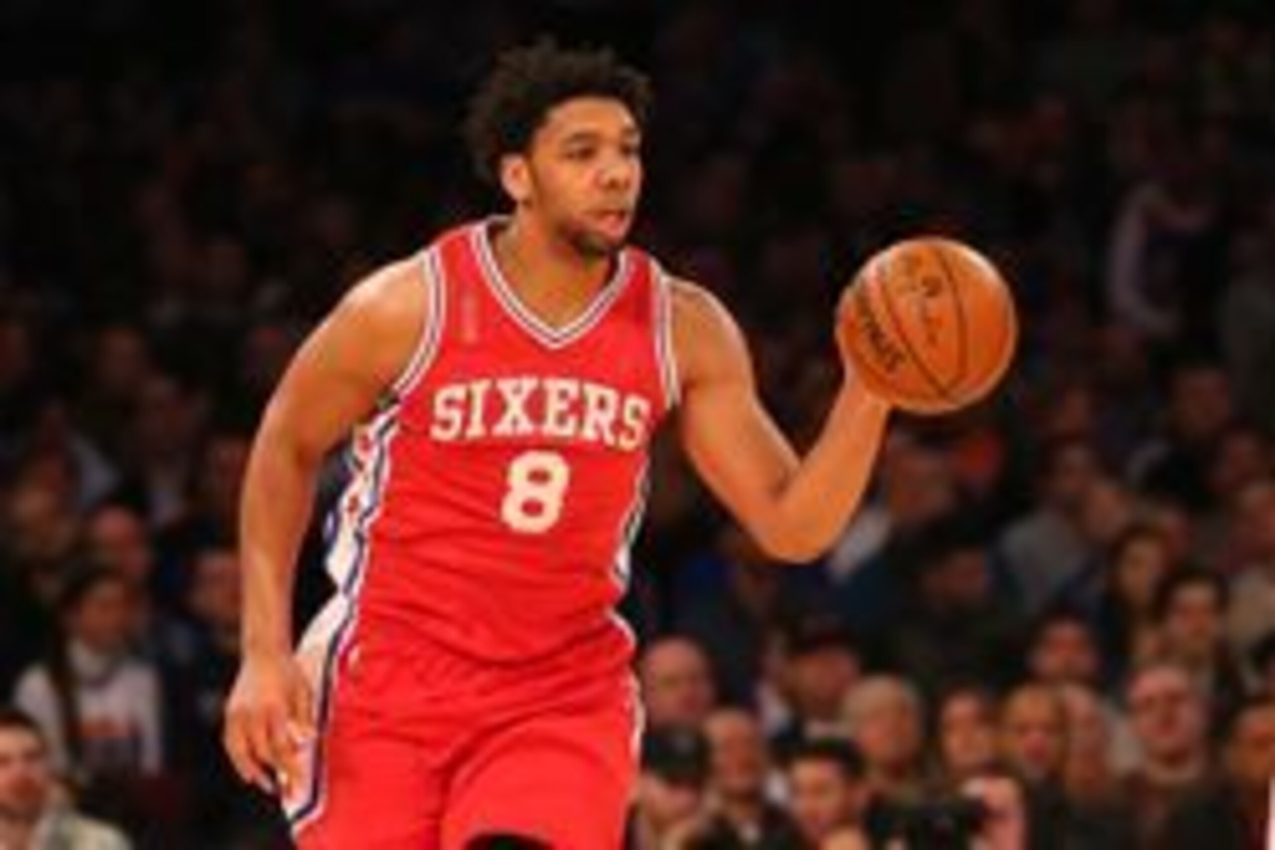 Jan 18, 2016; New York, NY, USA; Philadelphia 76ers center Jahlil Okafor (8) advances the ball during the second quarter against the New York Knicks at Madison Square Garden. Mandatory Credit: Anthony Gruppuso-USA TODAY Sports