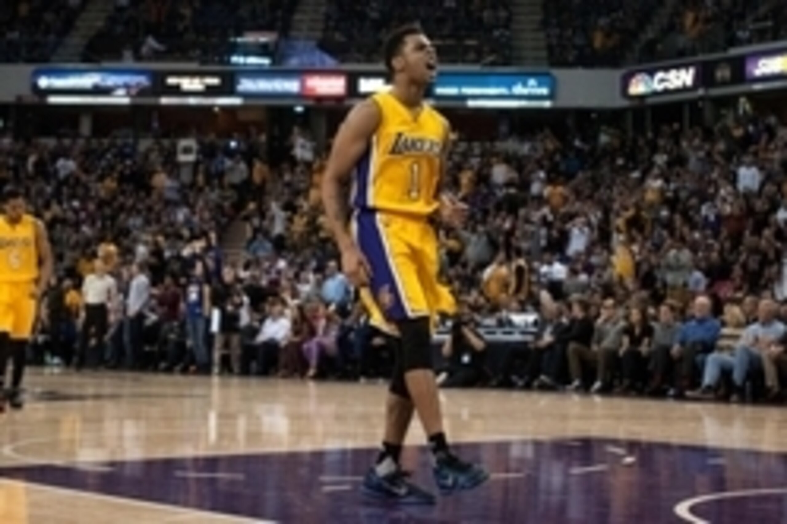 Jan 7, 2016; Sacramento, CA, USA; Los Angeles Lakers guard D'Angelo Russell (1) celebrates after making a shot against the Sacramento Kings during the fourth quarter at Sleep Train Arena. The Sacramento Kings defeated the Los Angeles Lakers 118-115. Manda