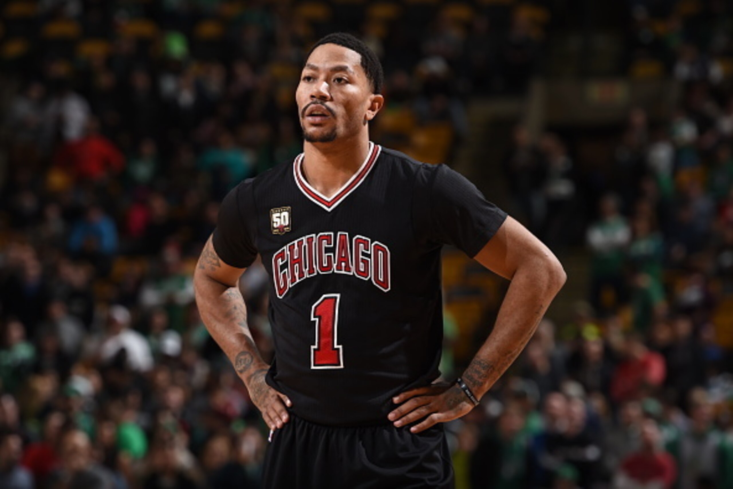 BOSTON, MA - JANUARY 22:  Derrick Rose #1 of the Chicago Bulls looks on against the Boston Celtics on January 22, 2016 at the TD Garden in Boston, Massachusetts.  NOTE TO USER: User expressly acknowledges and agrees that, by downloading and or using this 