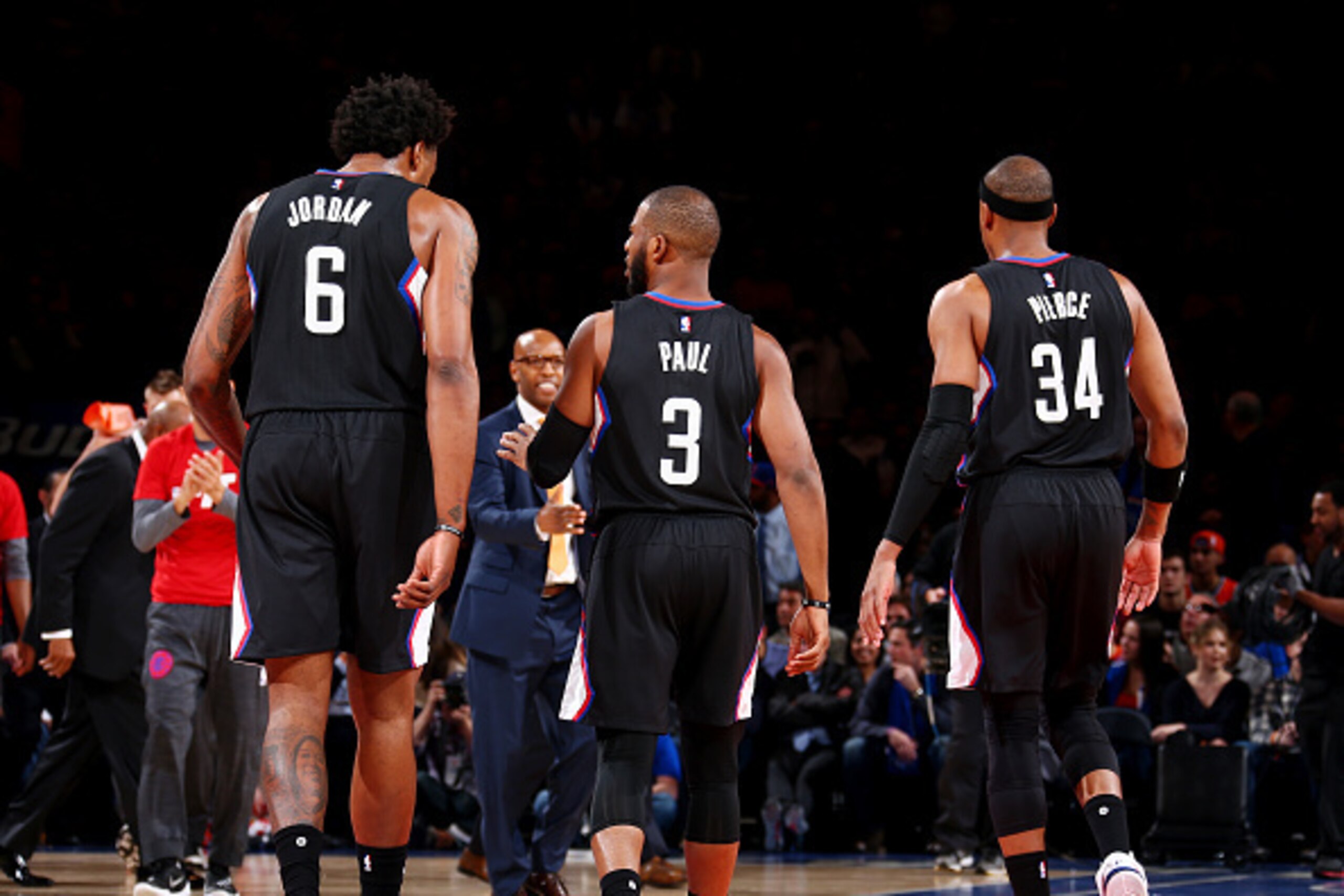 NEW YORK, NY - JANUARY 22: DeAndre Jordan #6, Chris Paul #3 and Paul Pierce #34 of the Los Angeles Clippers during the game against the New York Knicks on January 22, 2016 at Madison Square Garden in New York, New York. NOTE TO USER: User expressly acknow