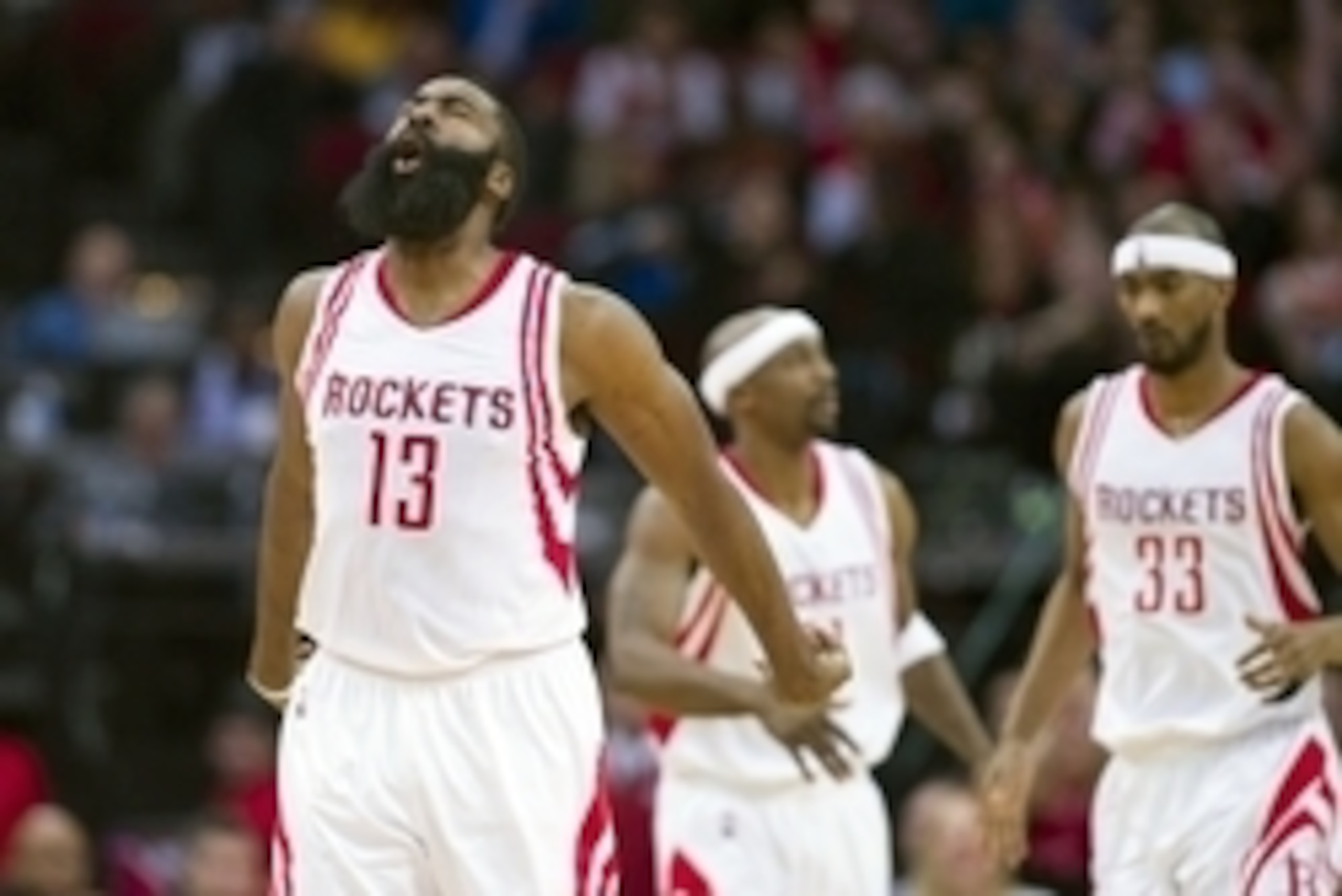 Jan 22, 2016; Houston, TX, USA; Houston Rockets guard James Harden (13) celebrates making a three point shot against the Milwaukee Bucks during the second half at the Toyota Center. The Rockets defeat the Bucks 102-98. Mandatory Credit: Jerome Miron-USA T