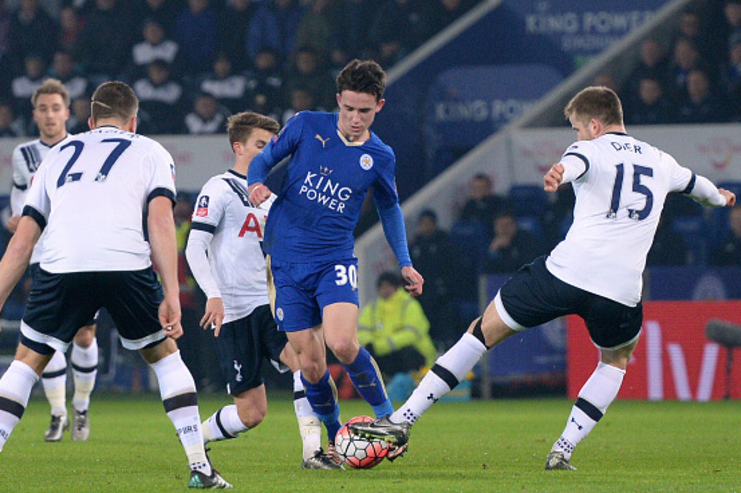 Leicester City's English defender Ben Chilwell (2nd R) is surrounded by Tottenham players during the English FA Cup third round replay football match between Leicester City v Tottenham Hotspur at King Power Stadium in Leicester, central England on January