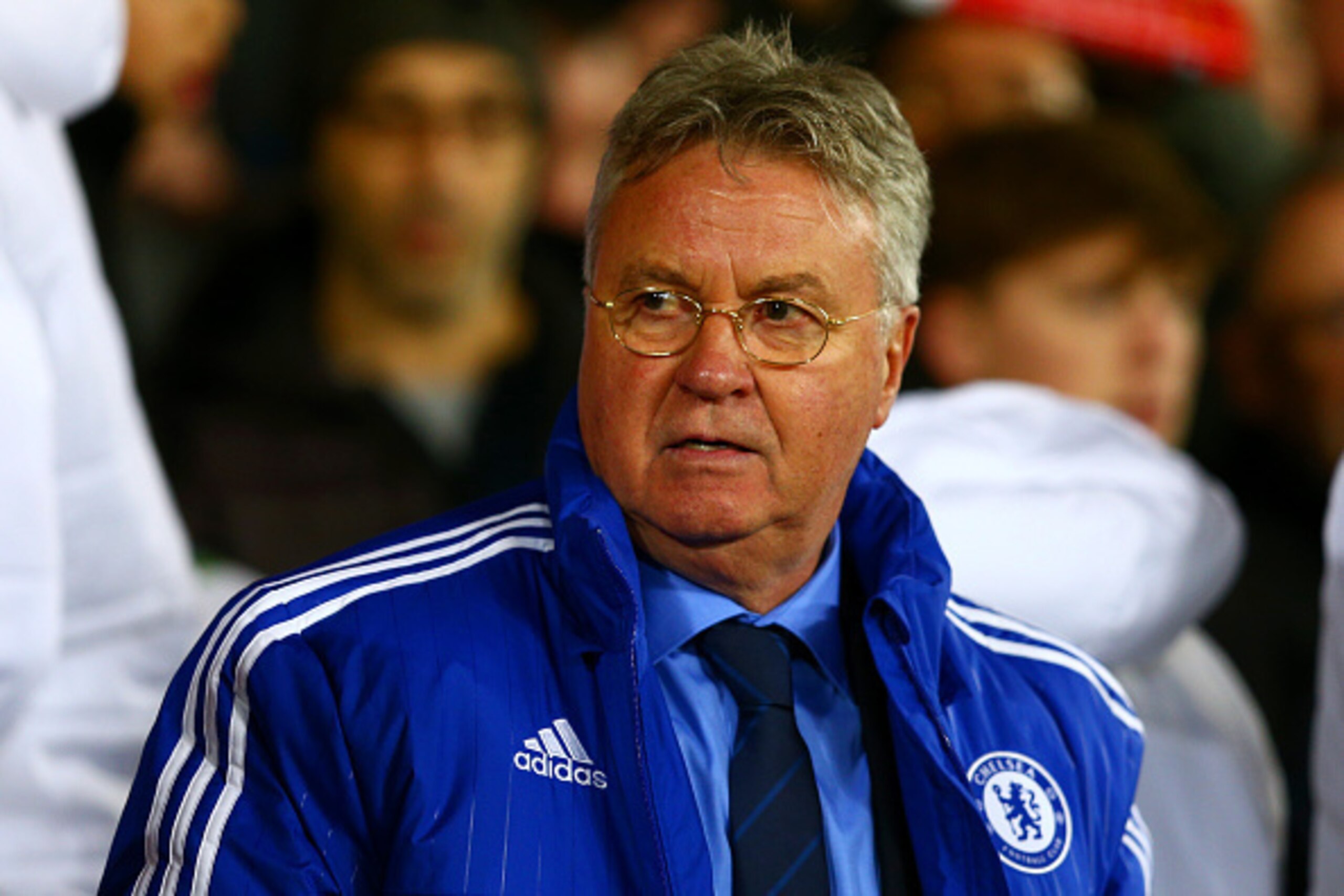 MANCHESTER, ENGLAND - DECEMBER 28:  Guus Hiddink, manager of Chelsea looks on before the Barclays Premier League match between Manchester United and Chelsea at Old Trafford on December 28, 2015 in Manchester, England.  (Photo by Clive Mason/Getty Images)