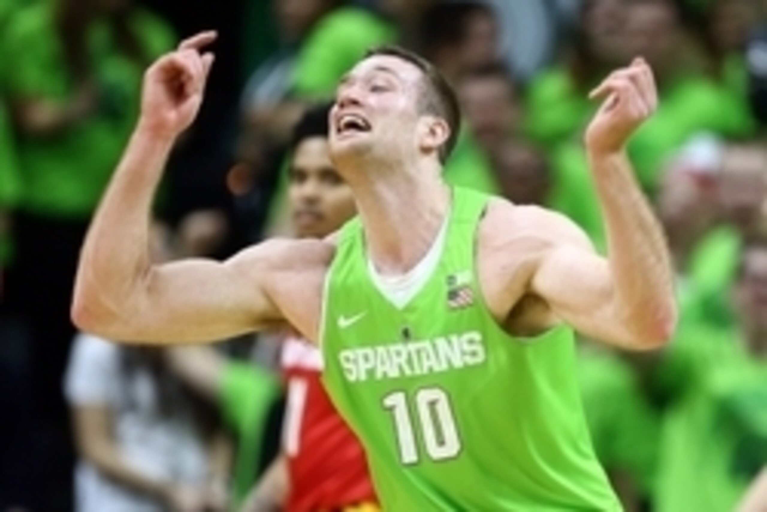 Jan 23, 2016; East Lansing, MI, USA; Michigan State Spartans forward Matt Costello (10) reacts to a play during the second half against the Maryland Terrapins at Jack Breslin Student Events Center. Mandatory Credit: Mike Carter-USA TODAY Sports
