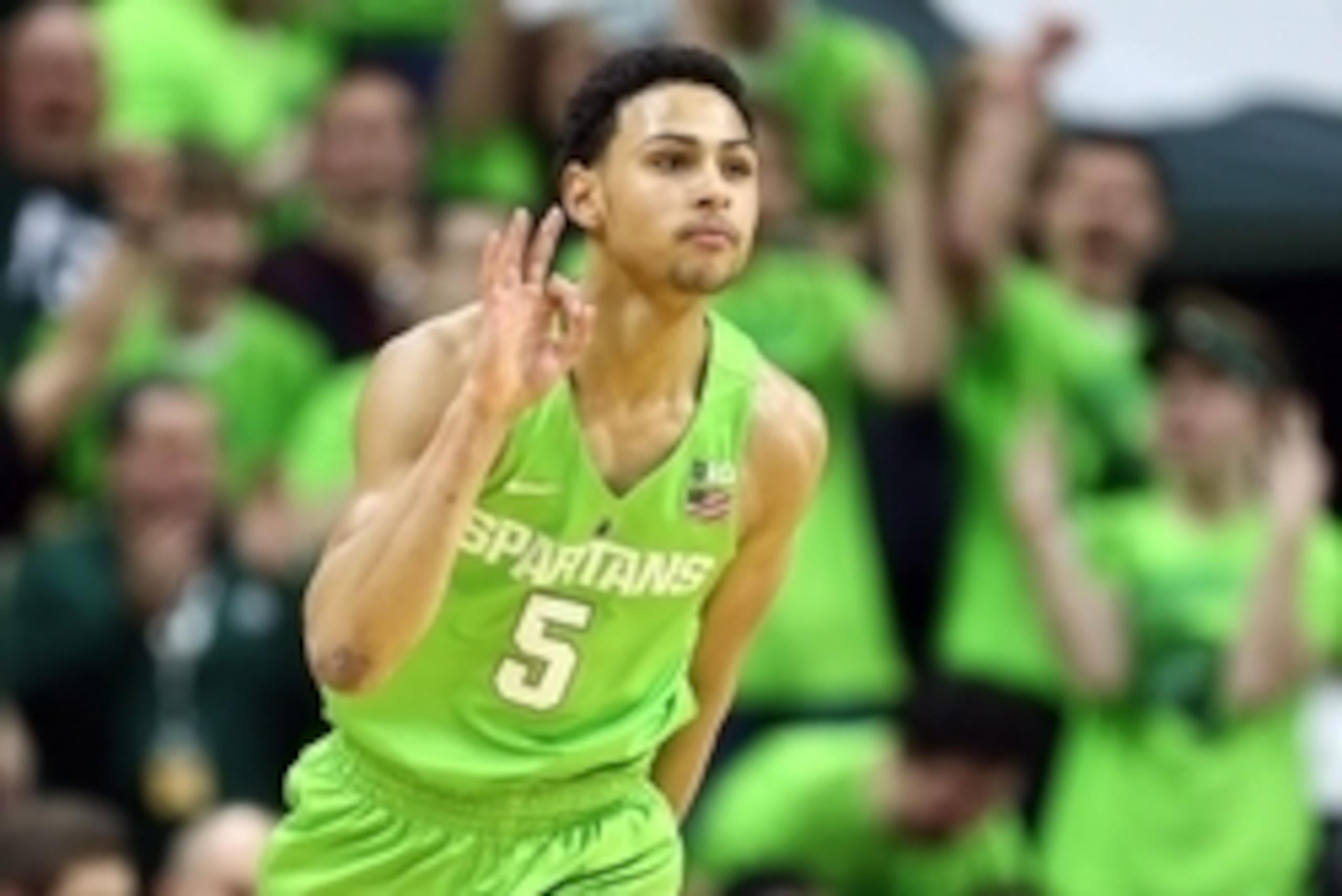 Jan 23, 2016; East Lansing, MI, USA; Michigan State Spartans guard Bryn Forbes (5) reacts after scoring during the first half against the Maryland Terrapins at Jack Breslin Student Events Center. Mandatory Credit: Mike Carter-USA TODAY Sports
