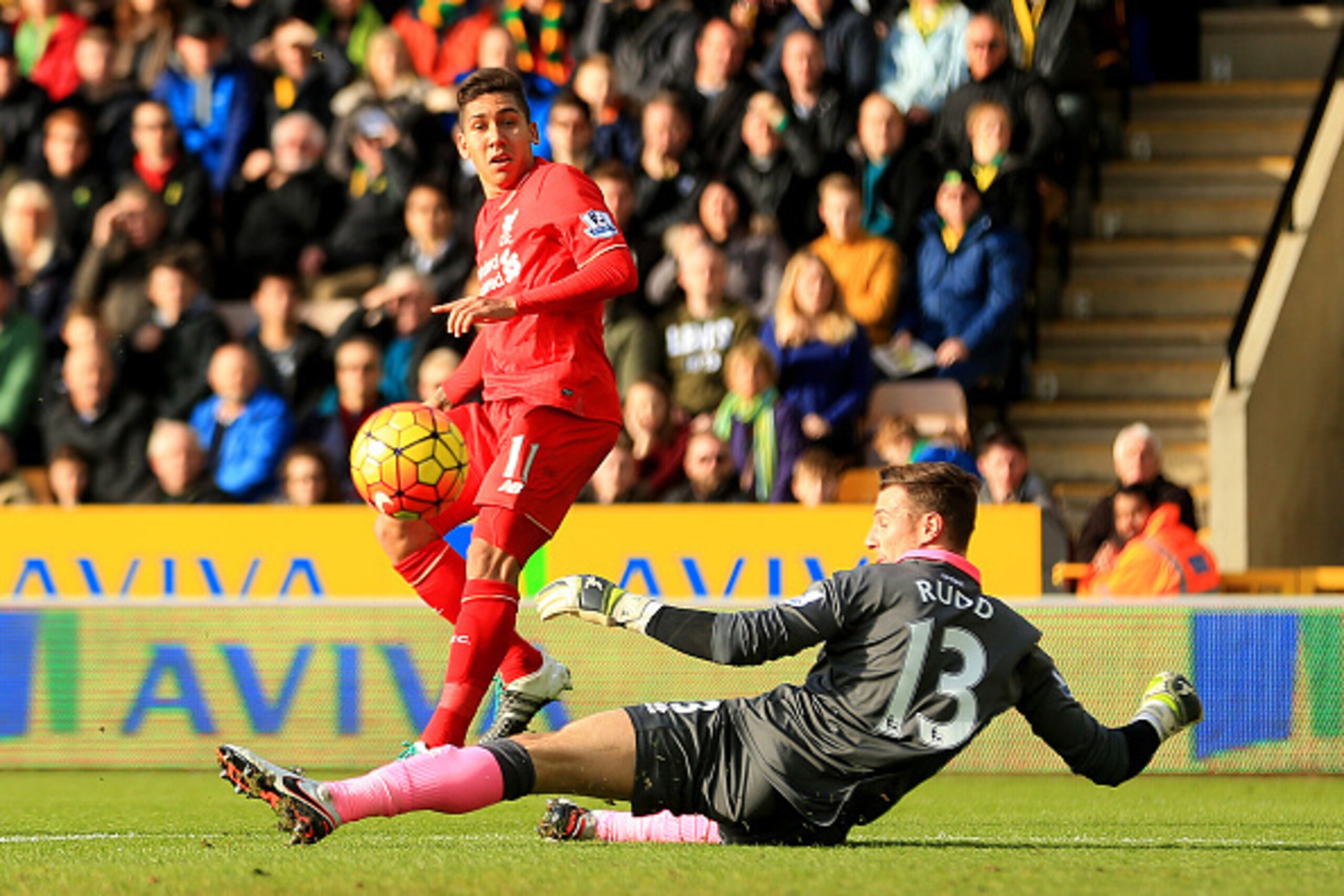 NORWICH, ENGLAND - JANUARY 23:  Roberto Firmino of Liverpool scores his team's first goal past Declan Rudd of Norwich City during the Barclays Premier League match between Norwich City and Liverpool at Carrow Road on January 23, 2016 in Norwich, England. 