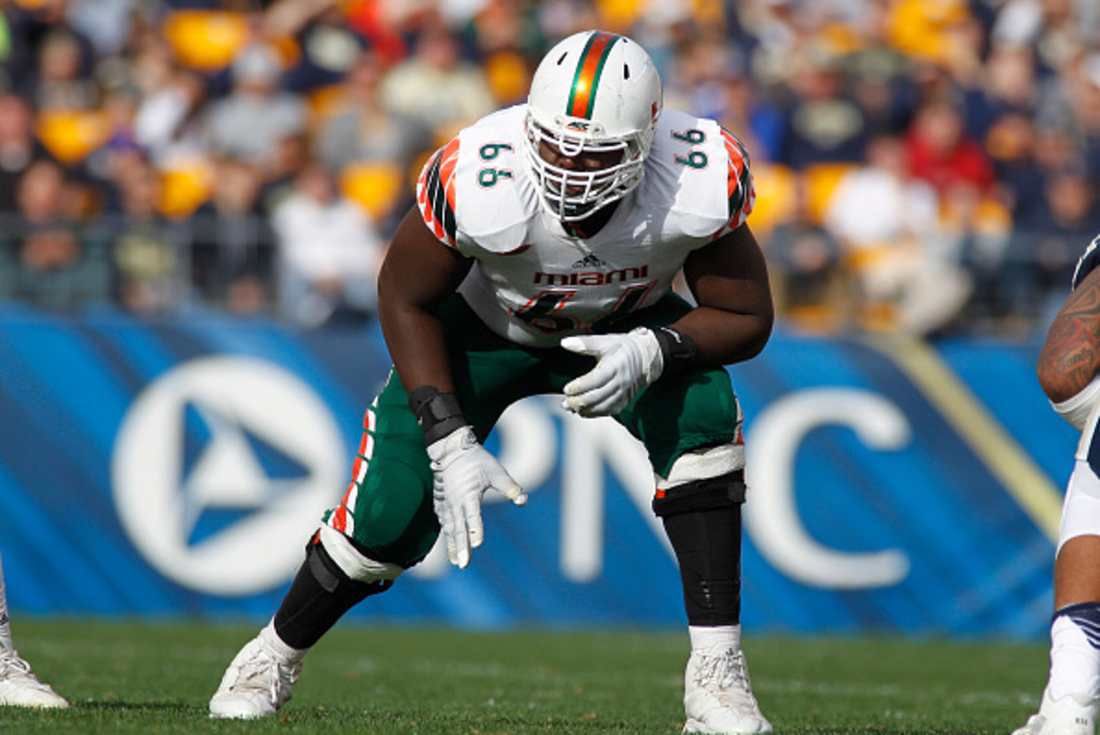 PITTSBURGH, PA - NOVEMBER 27: Sunny Odogwu #66 of the Miami Hurricanes in action during the game against the Pittsburgh Panthers on November 27, 2015 at Heinz Field in Pittsburgh, Pennsylvania. (Photo by Justin K. Aller/Getty Images) PITTSBURGH, PA - NOVEMBER 27: Sunny Odogwu #66 of the Miami Hurricanes in action during the game against the Pittsburgh Panthers on November 27, 2015 at Heinz Field in Pittsburgh, Pennsylvania. (Photo by Justin K. Aller/Getty Images)