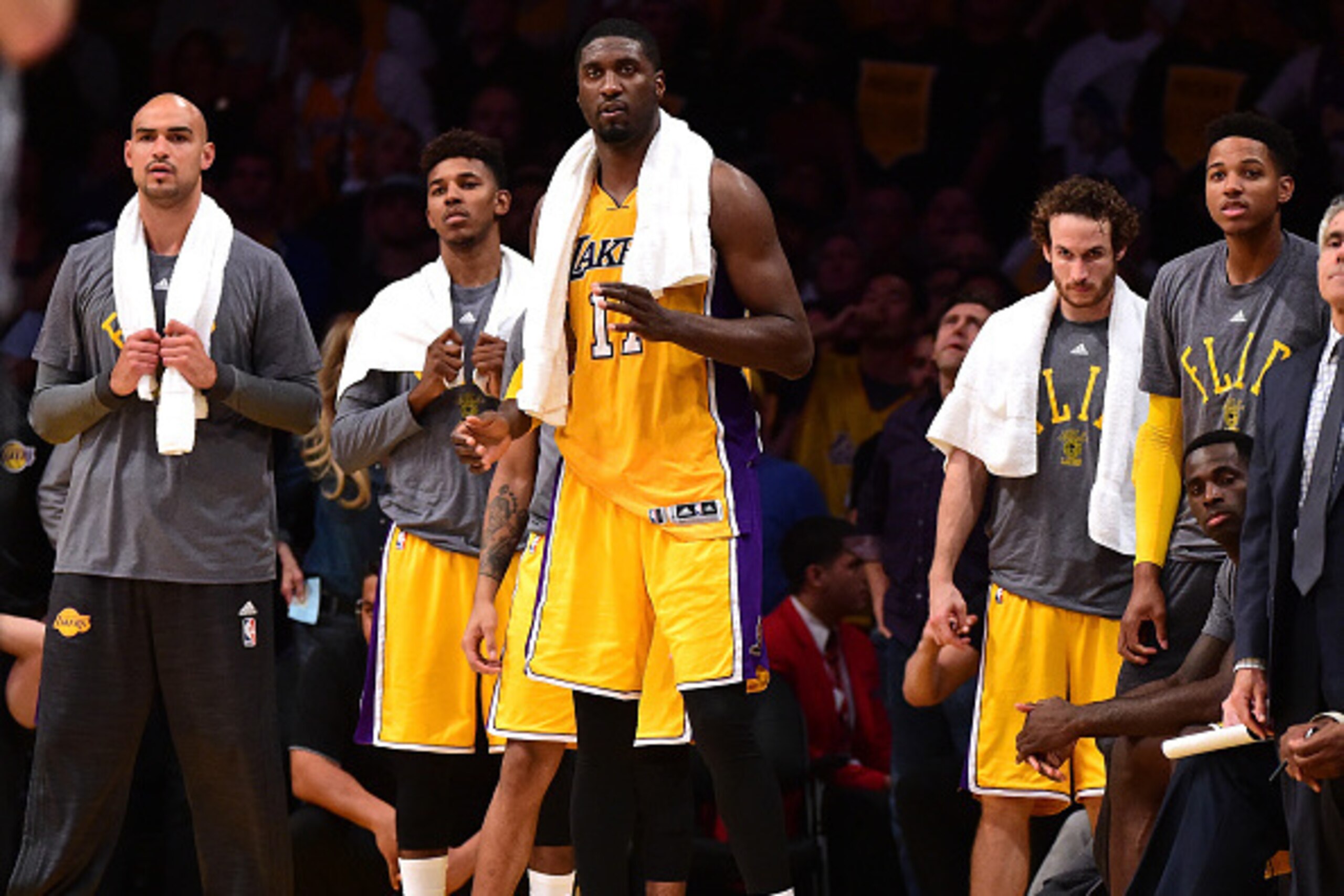 LOS ANGELES, CA - OCTOBER 28: (L-R) Robert Sacre #50, Nick Young #0, Roy Hibbert #17 and Marcelo Huertas #9 of the Los Angeles Lakers watch play during a 112-111 loss to the Minnesota Timberwolves at Staples Center on October 28, 2015 in Los Angeles, Cal LOS ANGELES, CA - OCTOBER 28: (L-R) Robert Sacre #50, Nick Young #0, Roy Hibbert #17 and Marcelo Huertas #9 of the Los Angeles Lakers watch play during a 112-111 loss to the Minnesota Timberwolves at Staples Center on October 28, 2015 in Los Angeles, Cal