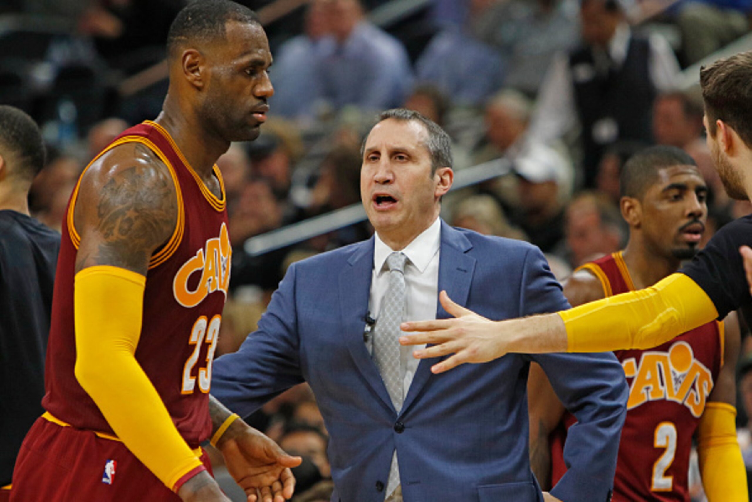 SAN ANTONIO,TX - JANUARY 14: Head coach David Blatt of the Cleveland Cavaliers greets LeBron James #23 of the Cleveland Cavaliers at AT&T Center on January 14, 2016 in San Antonio, Texas.  NOTE TO USER: User expressly acknowledges and agrees that , by dow