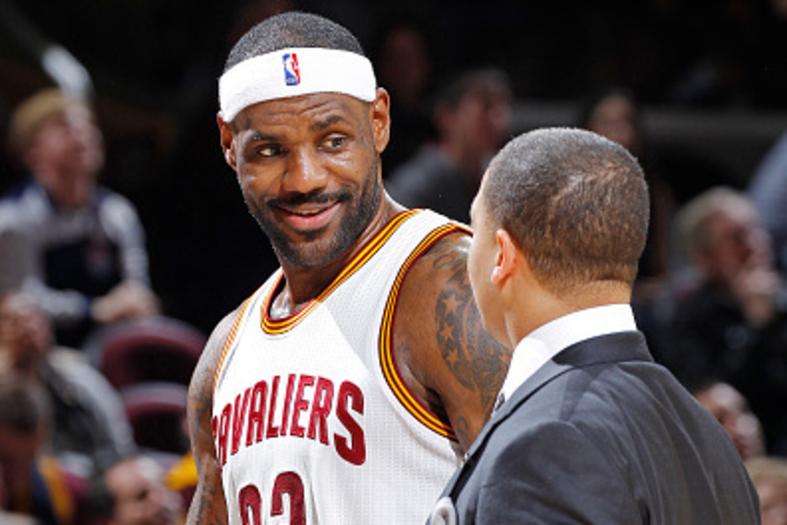 CLEVELAND, OH - NOVEMBER 23: LeBron James #23 and assistant coach Tyronn Lue of the Cleveland Cavaliers talk during the game against the Orlando Magic on November 23, 2015 at Quicken Loans Arena in Cleveland, Ohio. NOTE TO USER: User expressly acknowledge