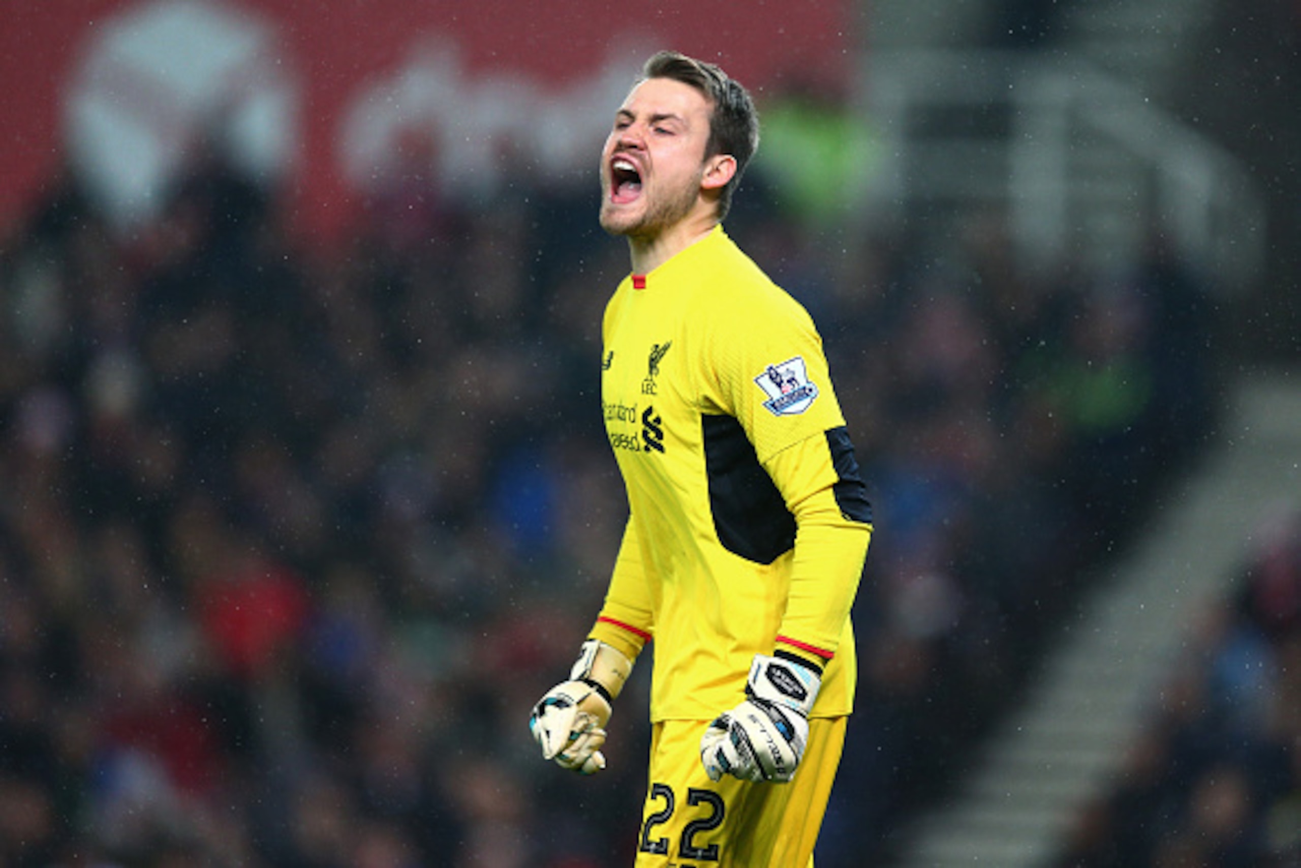 STOKE ON TRENT, ENGLAND - JANUARY 05:  Goalkeeper Simon Mignolet of Liverpool directs his defence during the Capital One Cup semi final, first leg match between Stoke City and Liverpool at the Britannia Stadium on January 5, 2016 in Stoke on Trent, Englan