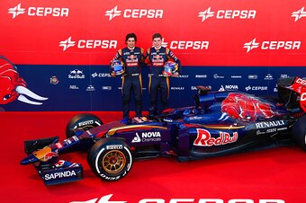 JEREZ DE LA FRONTERA, SPAIN - JANUARY 31:  Carlos Sainz Jnr of Spain and Toro Rosso and Max Verstappen of The Netherlands and Toro Rosso during the launch of the Toro Rosso STR10 during previews ahead of Formula One Winter Testing at Circuito de Jerez on 