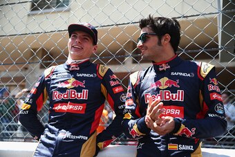 MONTE-CARLO, MONACO - MAY 22:  (L-R) Max Verstappen of Netherlands and Scuderia Toro Rosso and Carlos Sainz of Spain and Scuderia Toro Rosso prepare to take part in a Renault Sport RS 01 demonstration run during previews to the Monaco Formula One Grand Pr